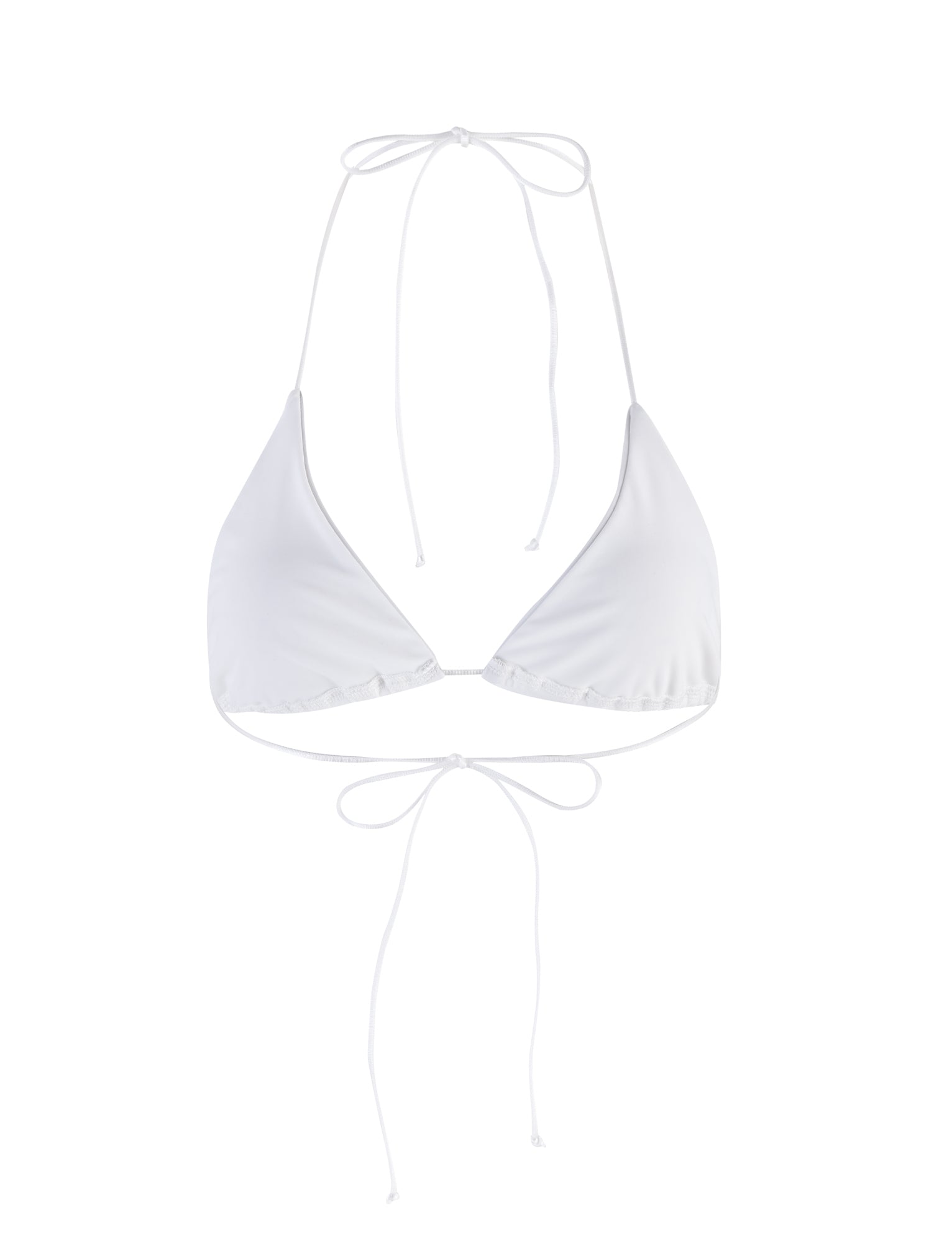 The image shows the KRYZE BIKINI TOP in white by TIGERMIST. It features string ties at the neck and back, offering an adjustable fit. The minimalist design includes soft fabric triangles for coverage, with thin strings that secure the top in place.