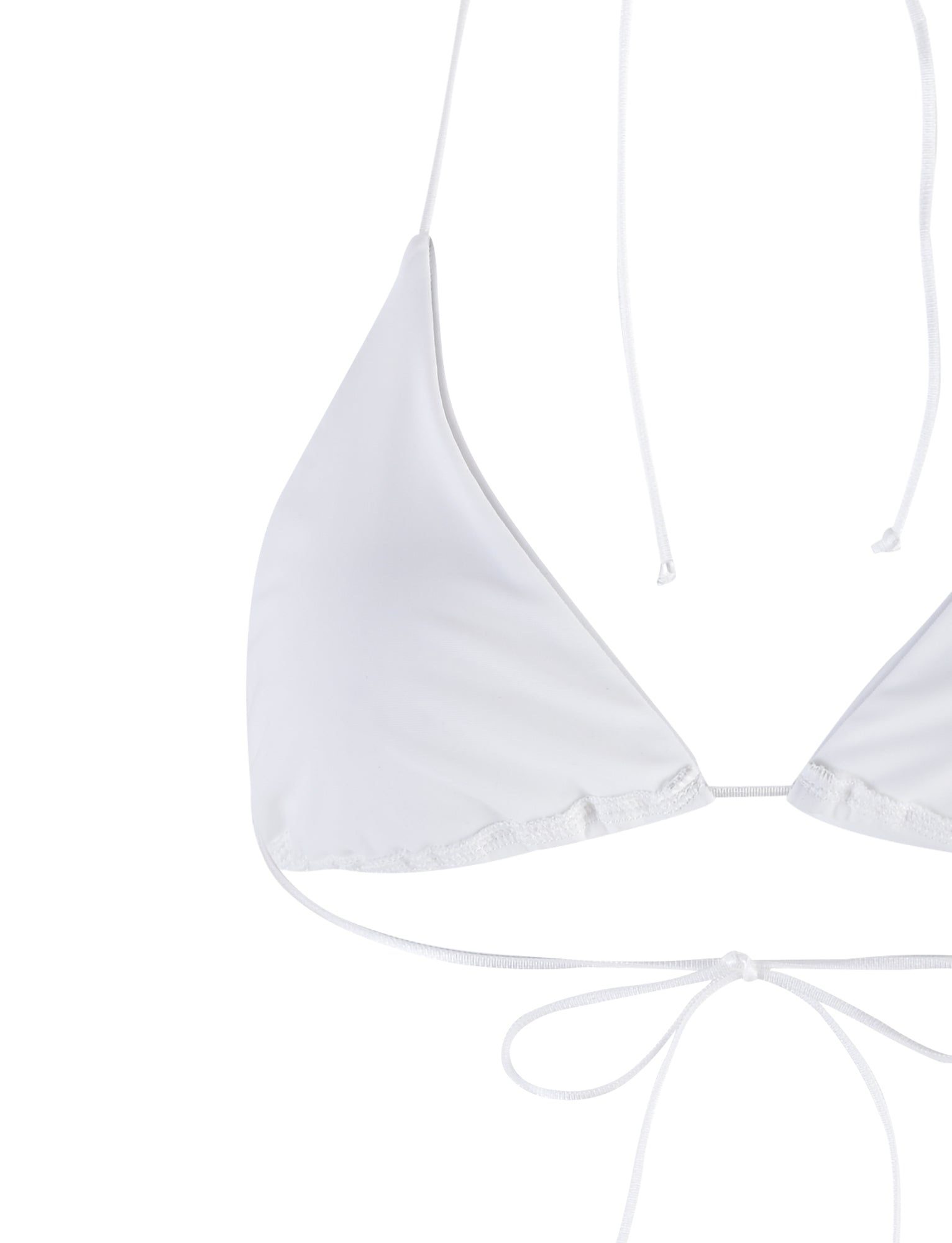 A close-up of the top part of a white TIGERMIST KRYZE BIKINI TOP. The bikini features triangle-shaped cups with thin straps that tie around the neck and back. The shiny, smooth fabric accentuates the simple and classic design of this swimwear.