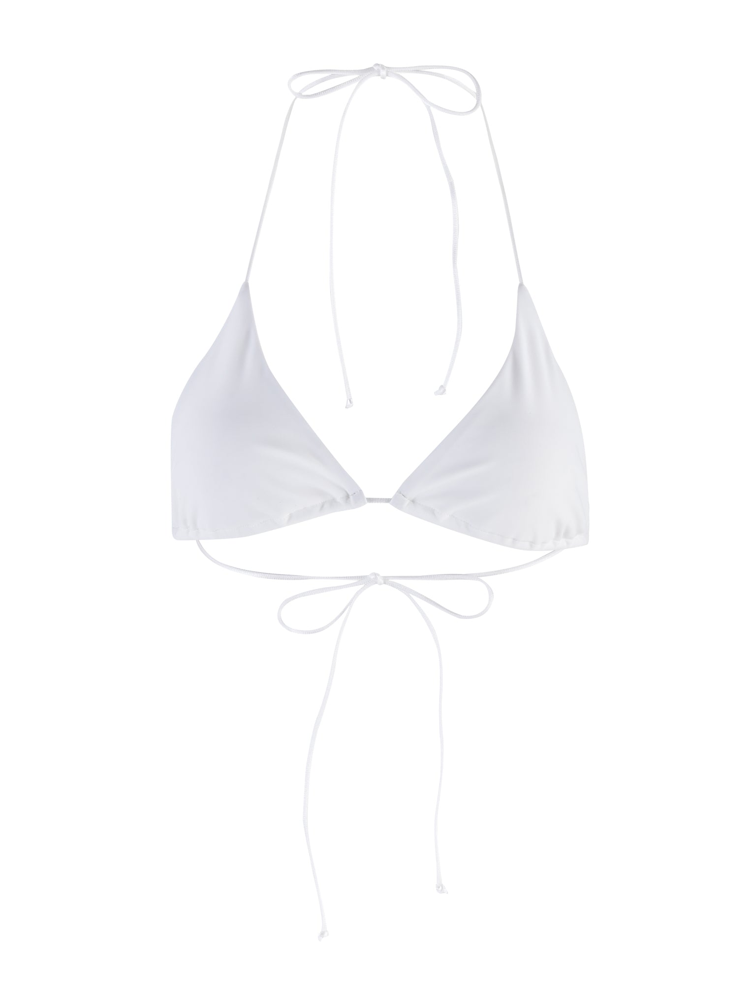The KRYZE BIKINI TOP - WHITE from TIGERMIST is displayed against a plain white background. It showcases a minimalist design with triangular cups and thin halter neck and back tie strings, creating a simple and elegant swimwear piece.