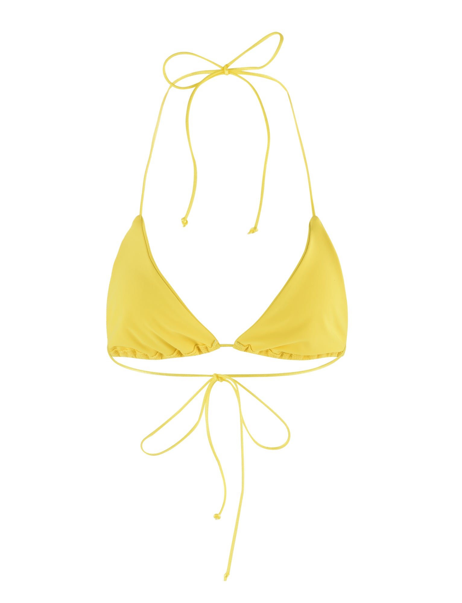 A neon yellow TigerMist Kryze Bikini Top with adjustable strings. The top features triangle-shaped cups and ties around the neck and back. This stylish bikini top is showcased on a crisp white background.