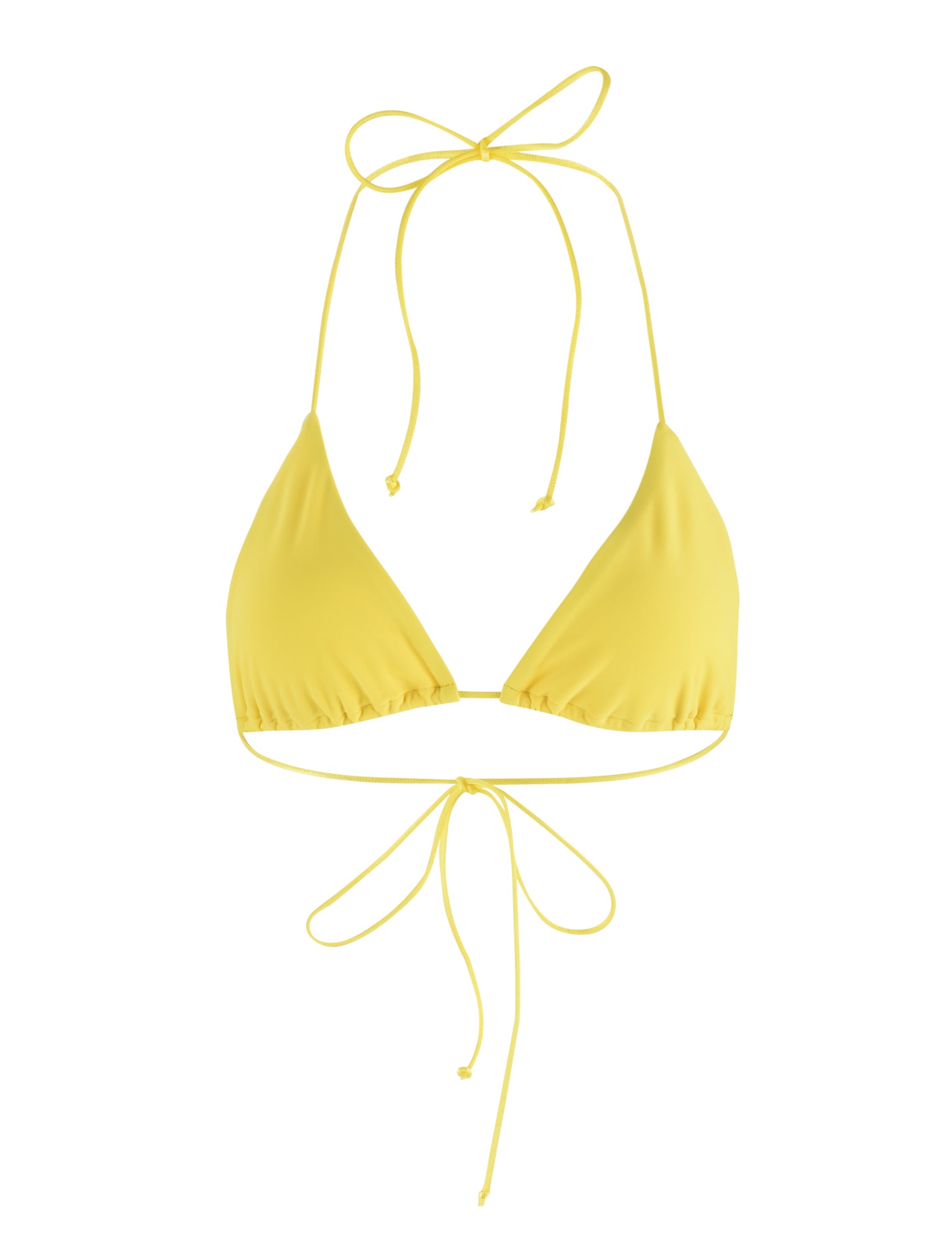 Introducing the KRYZE BIKINI TOP - YELLOW : NEON YELLOW from TIGERMIST. This yellow triangle bikini top features spaghetti straps and offers adjustable ties at the back and around the neck for a customized fit. Crafted from smooth and stretchy fabric, it's the perfect choice for swimwear.