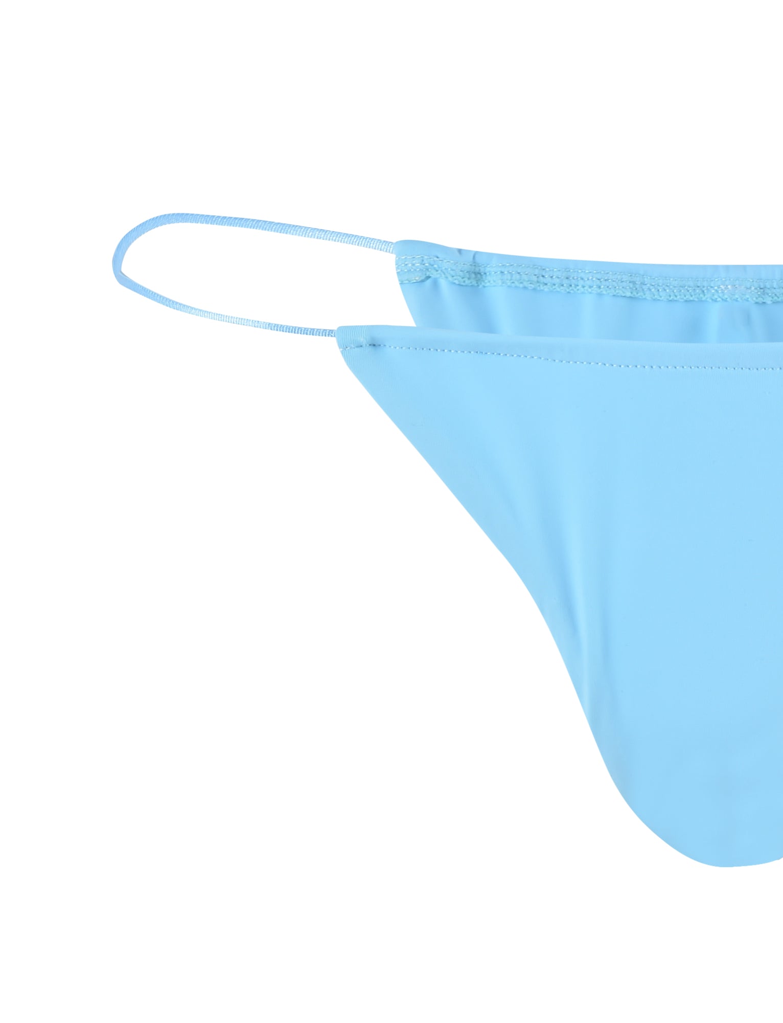 A close-up of a baby blue bikini bottom, illustrating a section of the main fabric and one side tie on a white background, reminiscent of TigerMist's sleek, modern design.