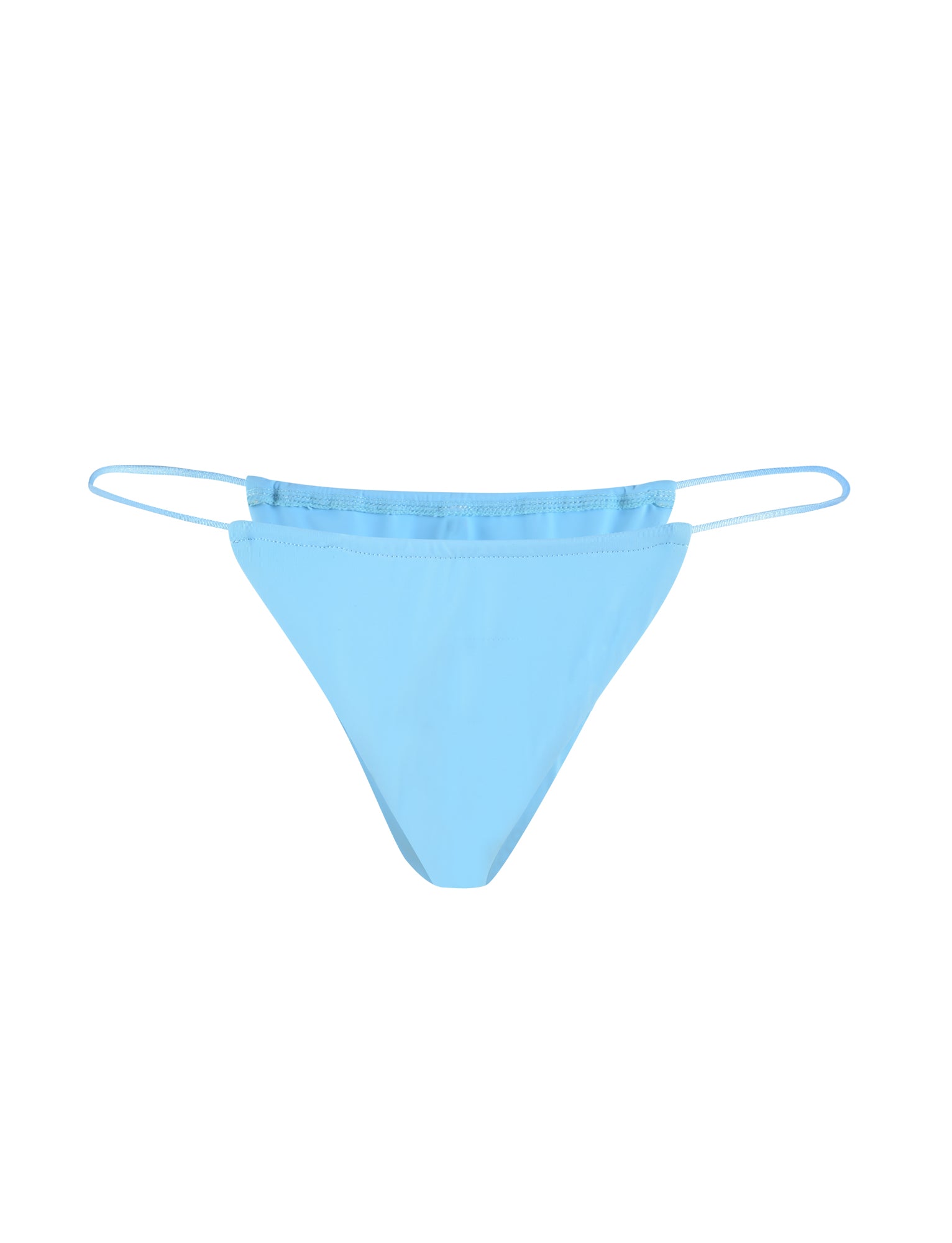 Image of the KRYZE BIKINI BOTTOM in baby blue from TIGERMIST. The light blue bikini bottom features thin side straps and a smooth fabric, with a simple and minimalistic design for a classic look. It is laid flat against a plain white background.