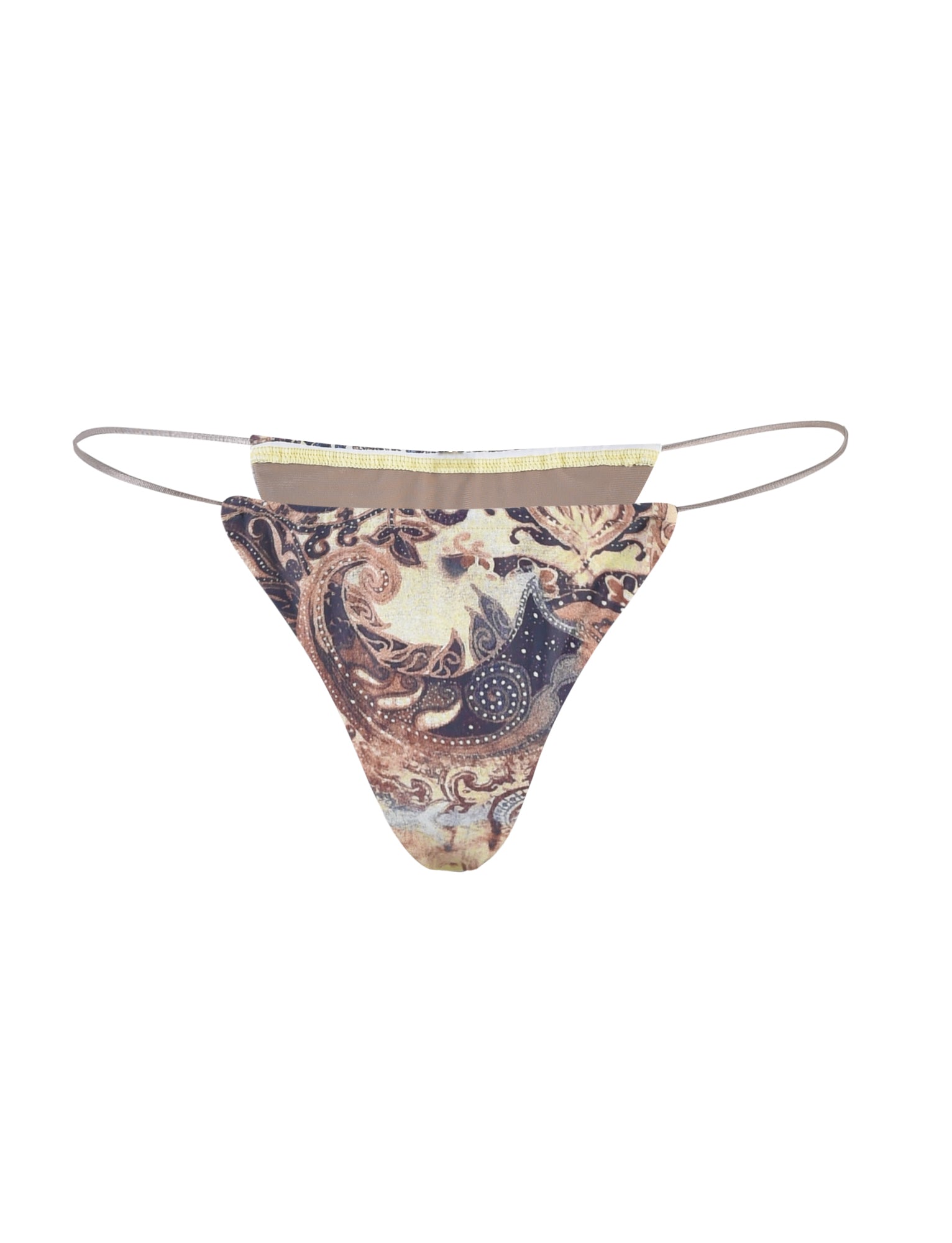 A Tiger Mist Kryze Bikini Bottom featuring a paisley tie-dye pattern in multi-colored shades. The design includes thin elastic straps and a triangular shape, providing stylish coverage.