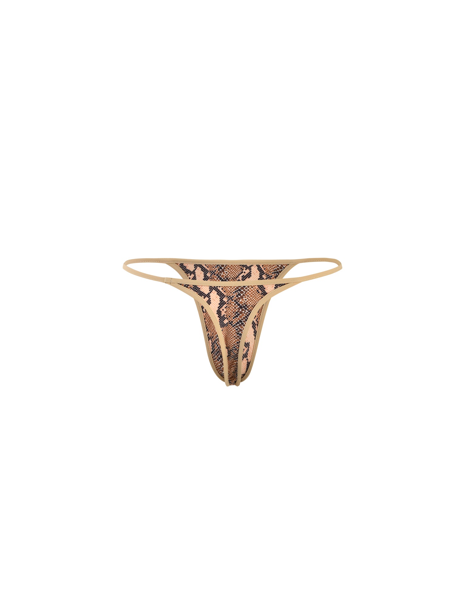 The LULA BIKINI BOTTOM by TIGERMIST is a skimpy thong-style underwear featuring a beige and brown snakeskin design, with a beige waistband and edges.