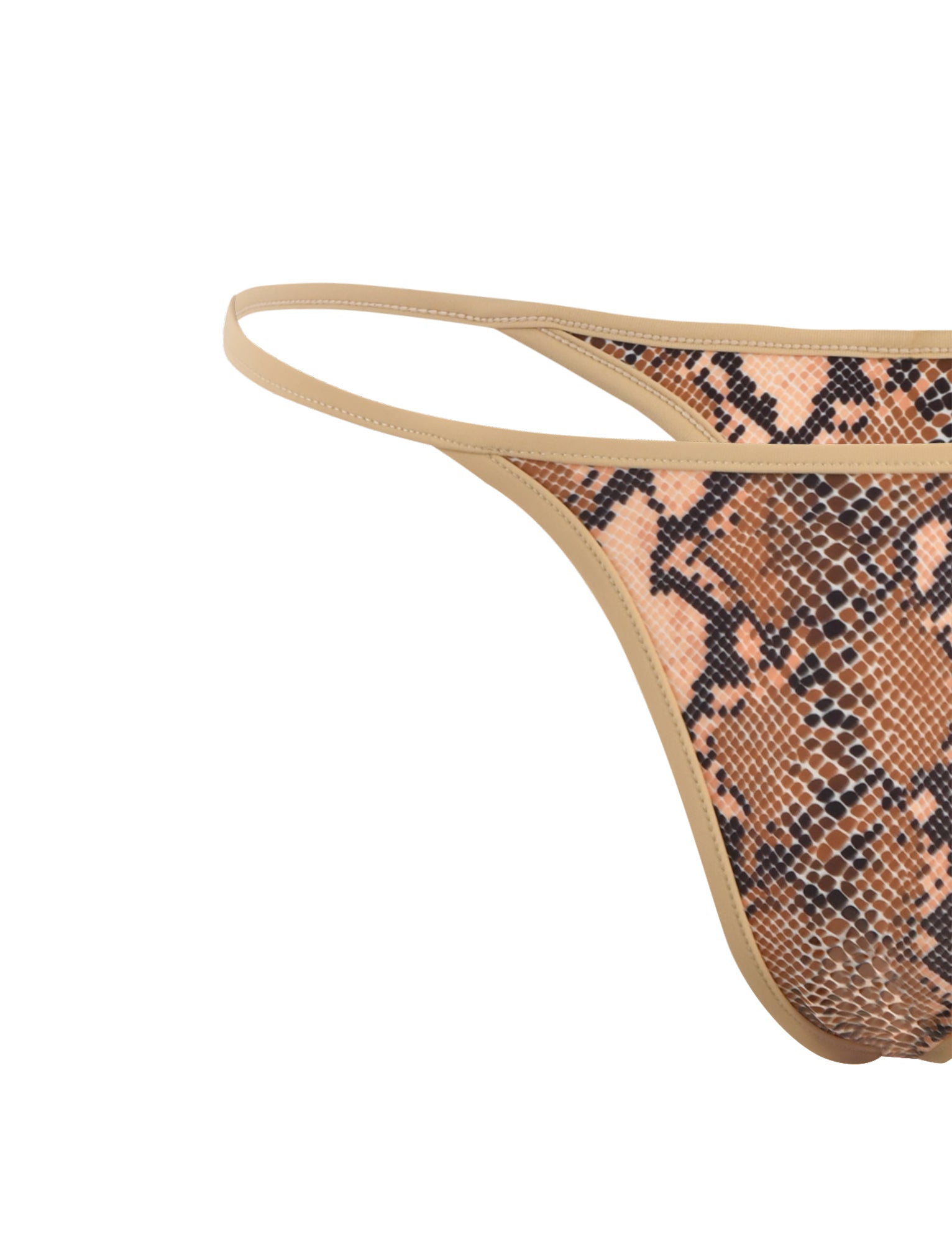 Close-up of the LULA BIKINI BOTTOM - BROWN : SNAKE by TIGERMIST, showcasing a snakeskin pattern in shades of brown, black, and beige. The garment features a visible side strap on the left and is adorned with beige trim along the edges. The background is white.