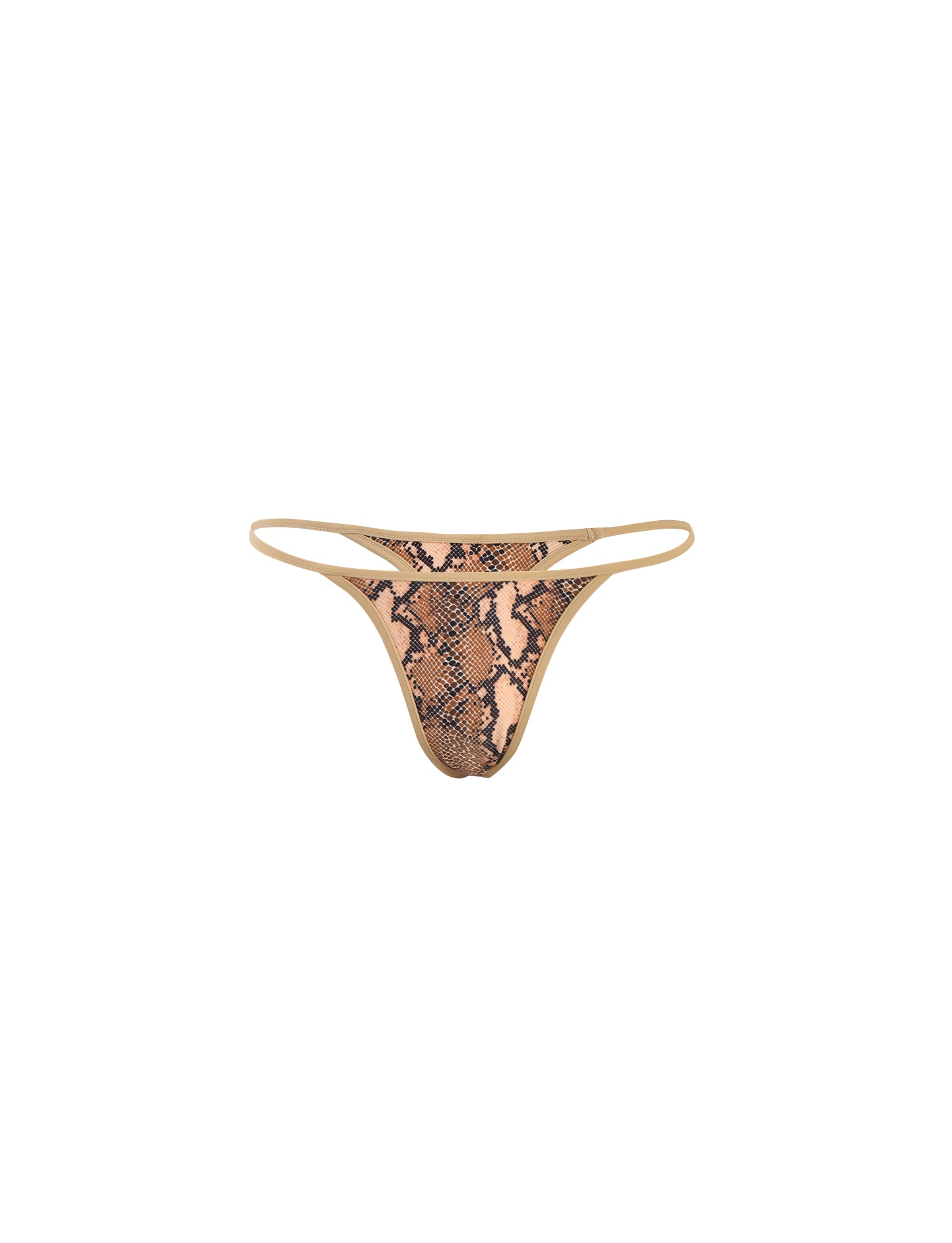 A pair of women's LULA BIKINI BOTTOM - BROWN: SNAKE underwear from TIGERMIST with a beige and black snakeskin pattern. The bikini bottom features a minimalistic design with thin side straps and a low-rise cut. The background is white.