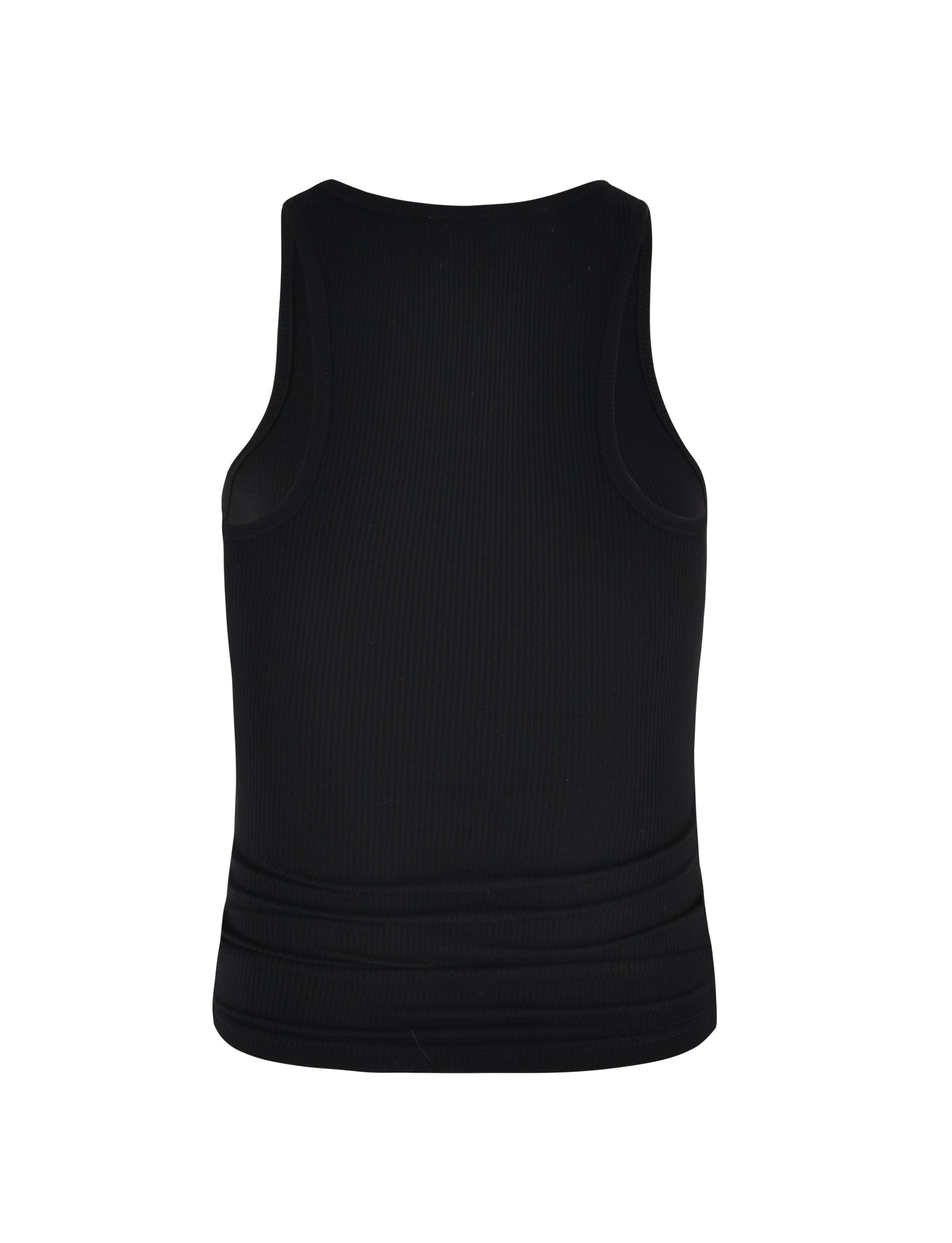 The SOMMER TANK - BLACK from TIGERMIST is displayed, photographed from the back. This black sleeveless tank top has a ribbed texture and a snug fit with a simple, unadorned design.