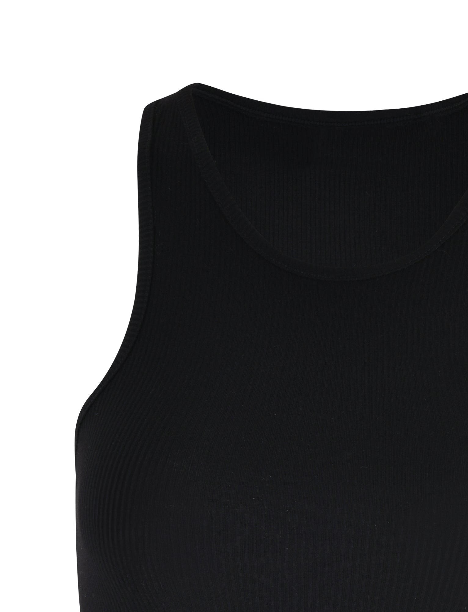 Close-up image of the SOMMER TANK - BLACK from TIGERMIST. This sleeveless, black ribbed tank top features a round neckline and subtly textured fabric. The image highlights the upper part of the garment, showcasing the shoulder and chest area without any visible branding or embellishments.