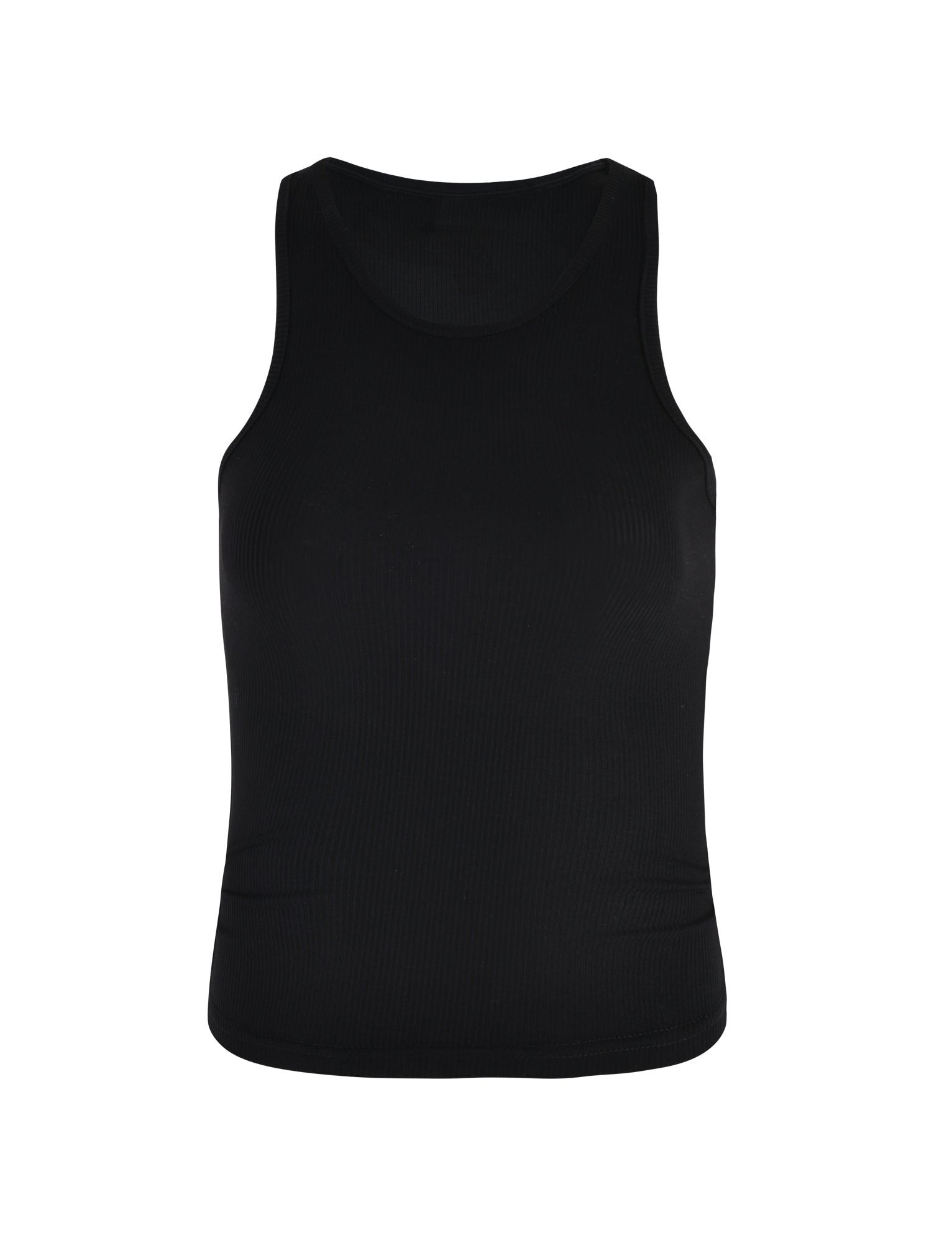 The SOMMER TANK - BLACK from TIGERMIST is a sleeveless, ribbed tank top showcased against a plain white backdrop. It features a crew neckline and boasts a straightforward, unadorned design.