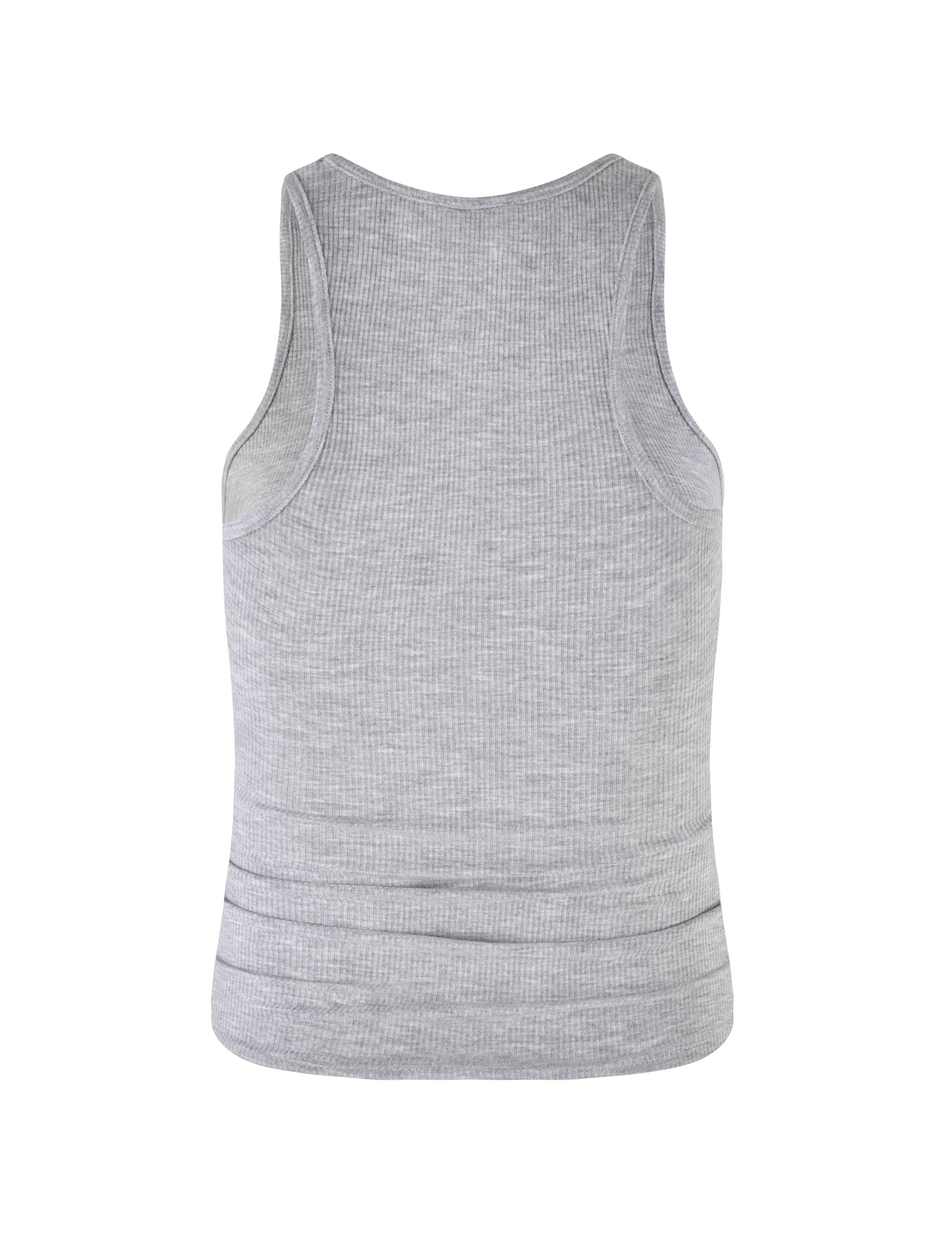 The SOMMER TANK - GREY from TIGERMIST is showcased against a white backdrop. Displayed from the back, this grey, sleeveless tank top features a ribbed texture with a simple, elongated design.