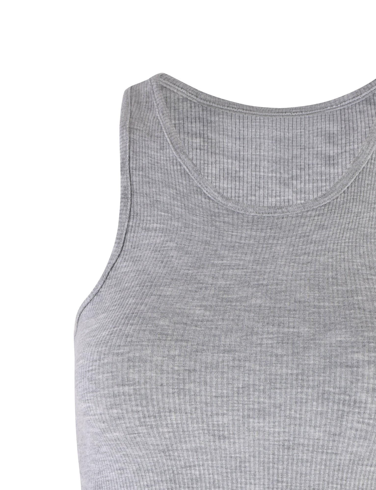 A close-up of the SOMMER TANK - GREY by TIGERMIST against a white background. This ribbed tank top showcases a round neckline and is made from soft, stretchy fabric, clearly highlighting its fine ribbed texture throughout. The focus is on the upper portion, capturing the intricate details and texture of the fabric.