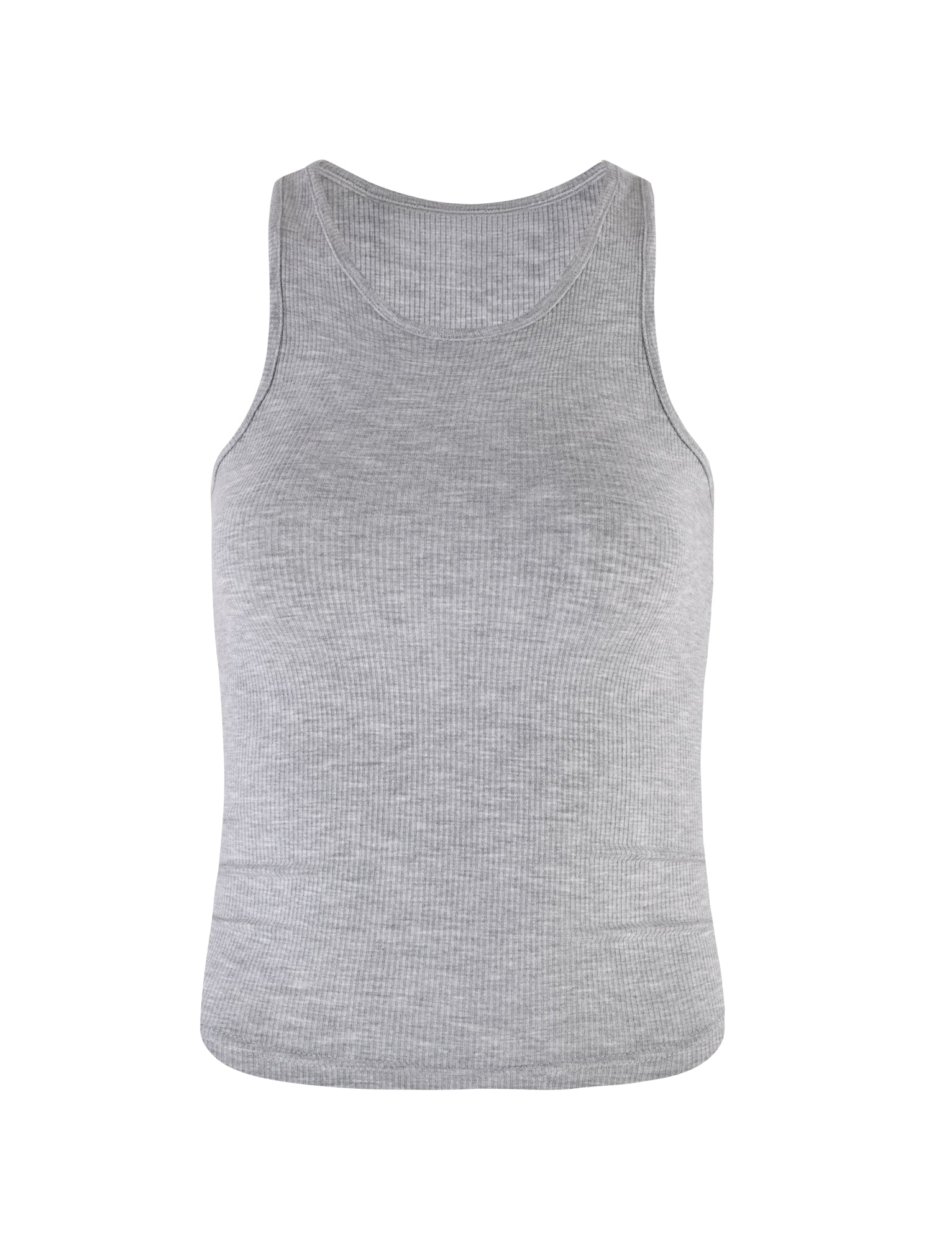 The SOMMER TANK - GREY by TIGERMIST is displayed against a white background. This plain, gray ribbed tank top features a round neckline and is sleeveless. Made from lightweight and stretchy fabric, it is ideal for casual or athletic wear.