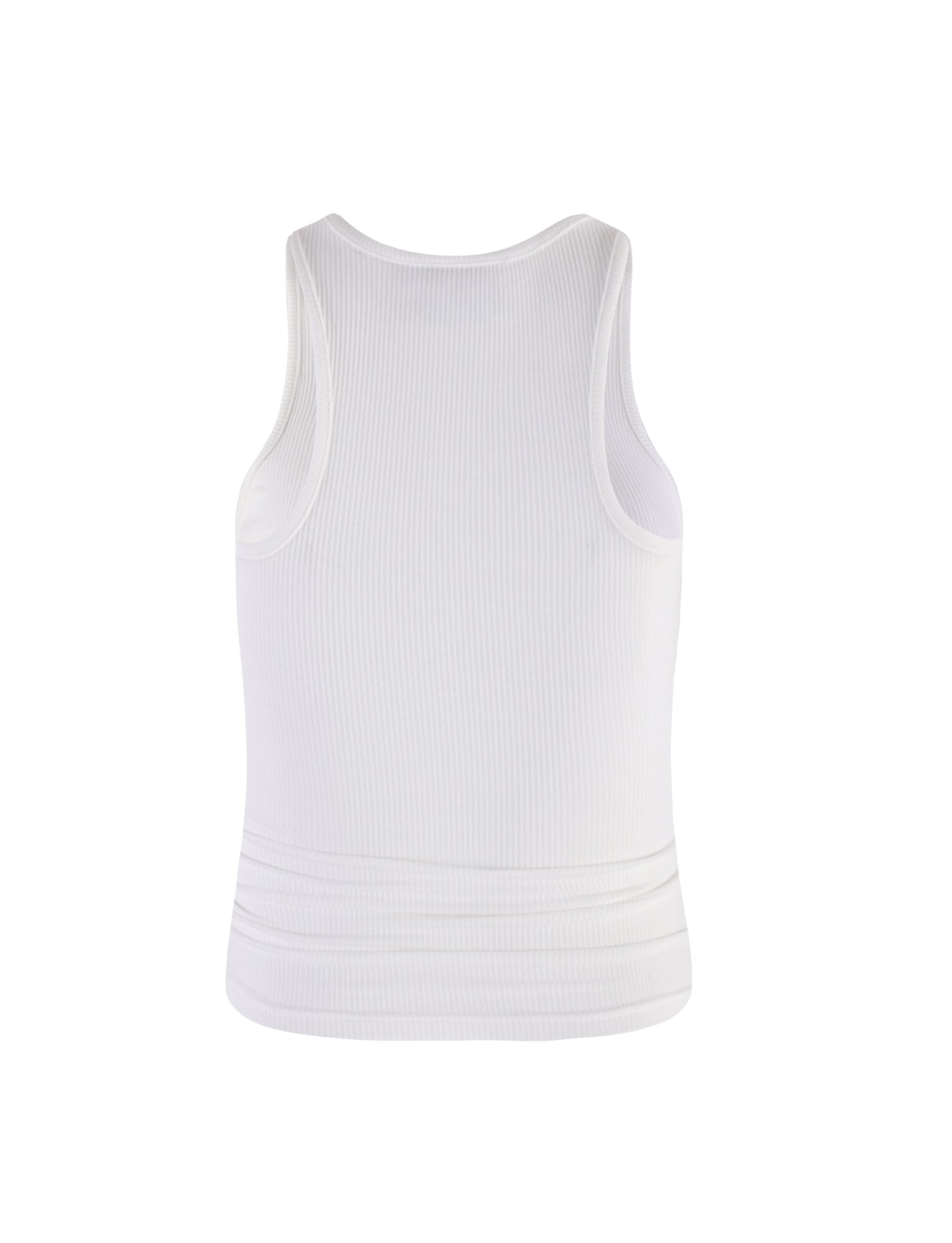 The SOMMER TANK in white from TIGERMIST is showcased against a plain white background. This sleeveless tank top features a round neckline and is presented from the back, highlighting its simple and classic style with ribbed detailing.