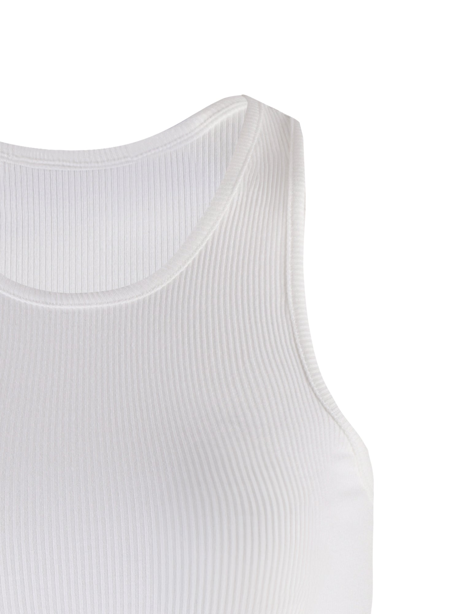 Close-up image of a white sleeveless ribbed tank top on a plain background. The SOMMER TANK in white by TIGERMIST features a scoop neckline and ribbed texture, highlighting the fabric's pattern and material.