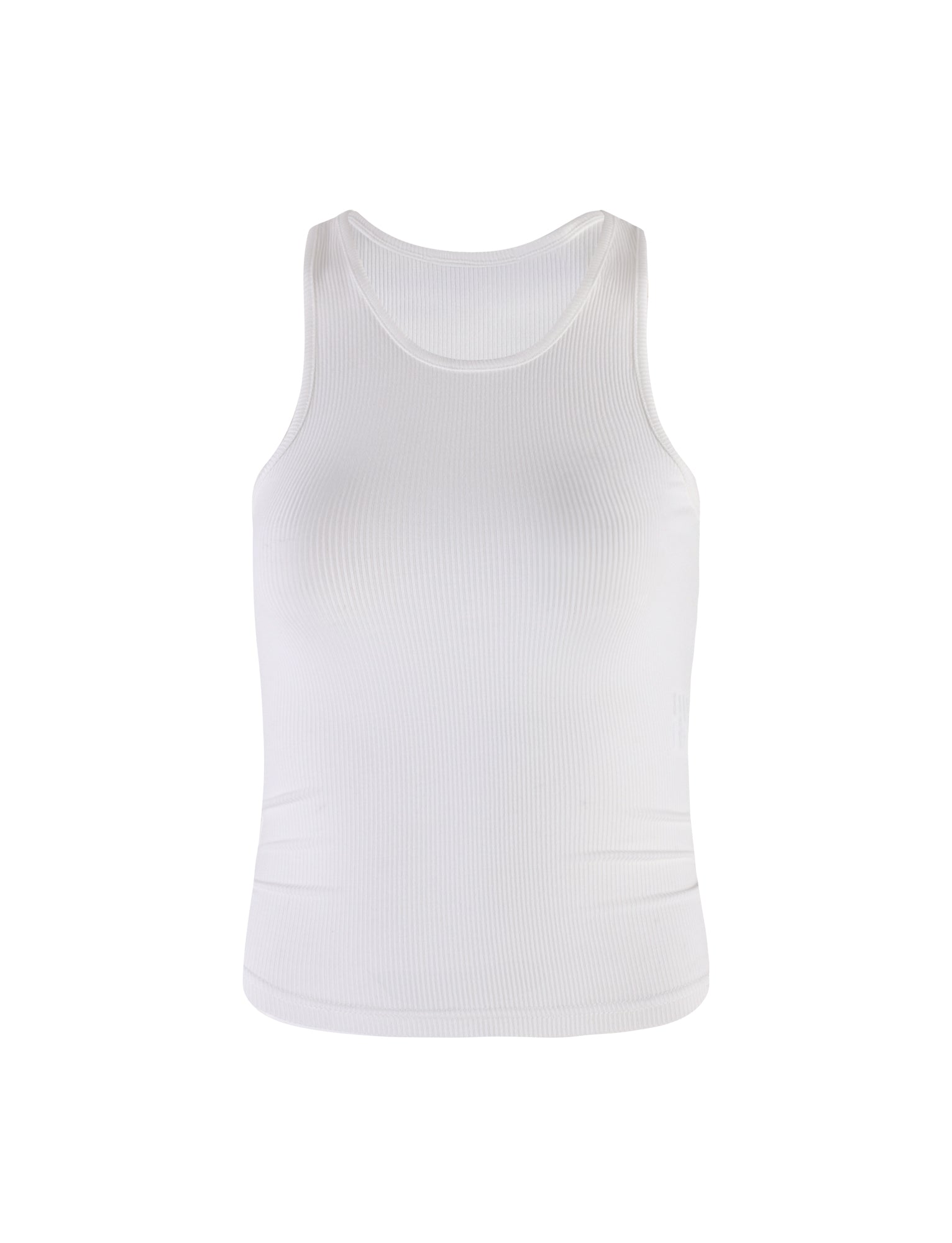 The SOMMER TANK from TIGERMIST is a plain white ribbed tank top featuring a round neckline and a sleeveless design, showcased against a white background. The fabric features a textured pattern, enhancing its casual and versatile appeal.