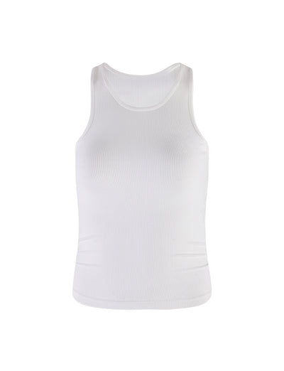The SOMMER TANK from TIGERMIST is a plain white ribbed tank top featuring a round neckline and a sleeveless design, showcased against a white background. The fabric features a textured pattern, enhancing its casual and versatile appeal.