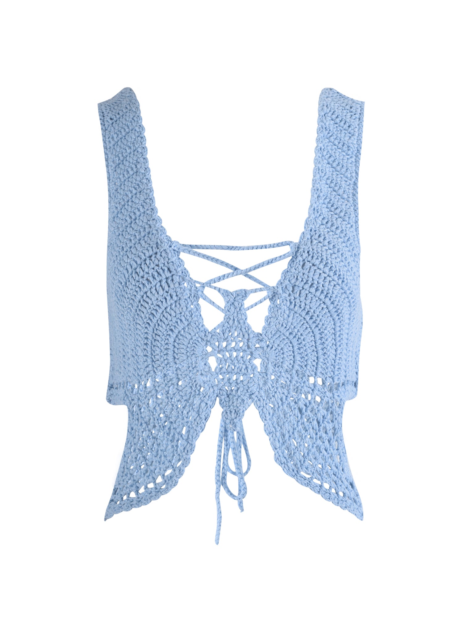 The AZADI TOP - BLUE : BABY BLUE by TIGERMIST is a light blue crocheted crop top adorned with intricate patterns. It boasts a lace-up front, forming a petite crisscrossed opening in the center. The hemline features pointed accents, and the wide straps elegantly extend over the shoulders. The yarn texture is visibly detailed throughout the design.