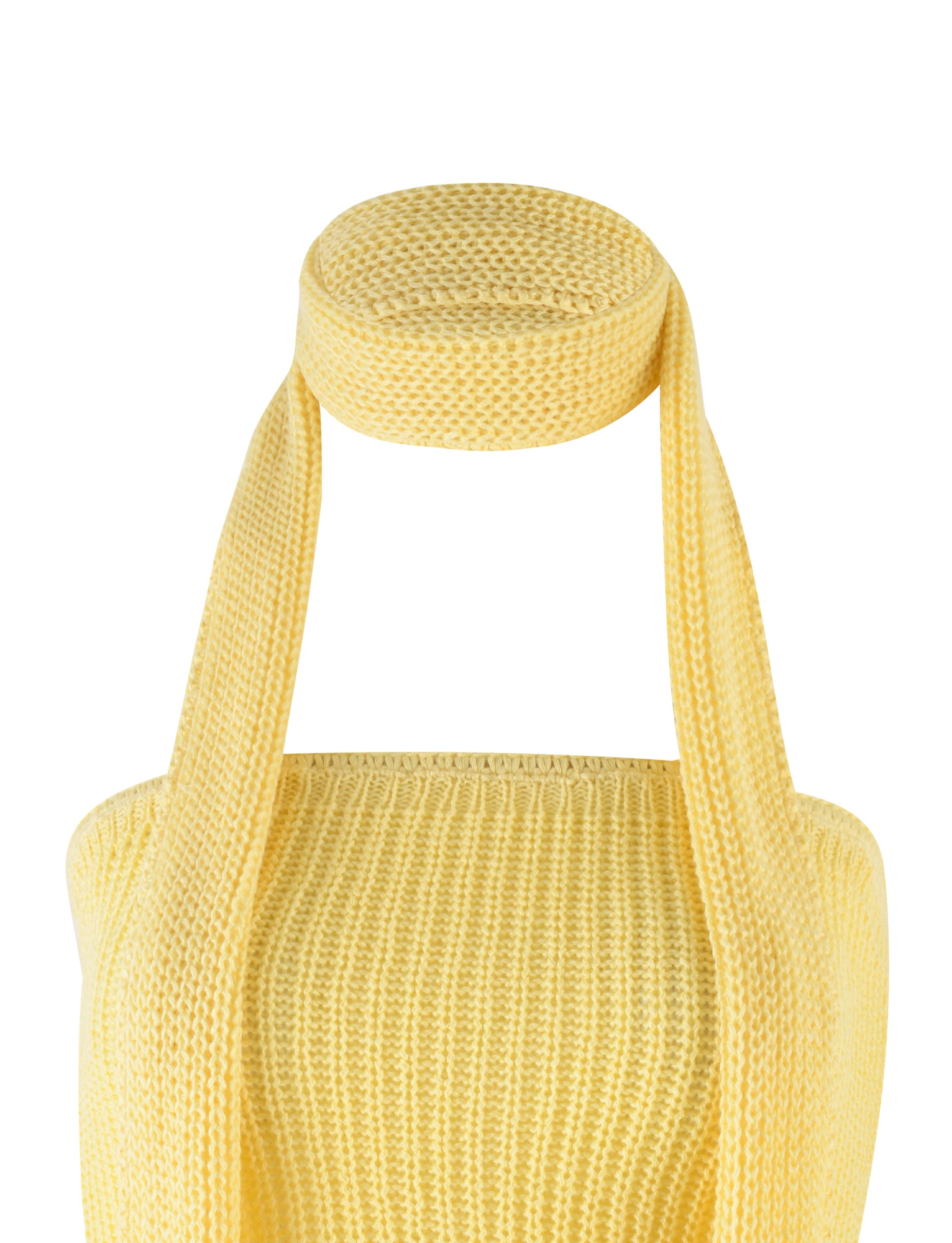 A MORAI TOP - YELLOW : LEMON from TIGERMIST, paired with a thick, matching yellow knitted scarf tied around the neck, displayed on a plain white background. The intricate knit pattern is visible on both the top and the scarf.