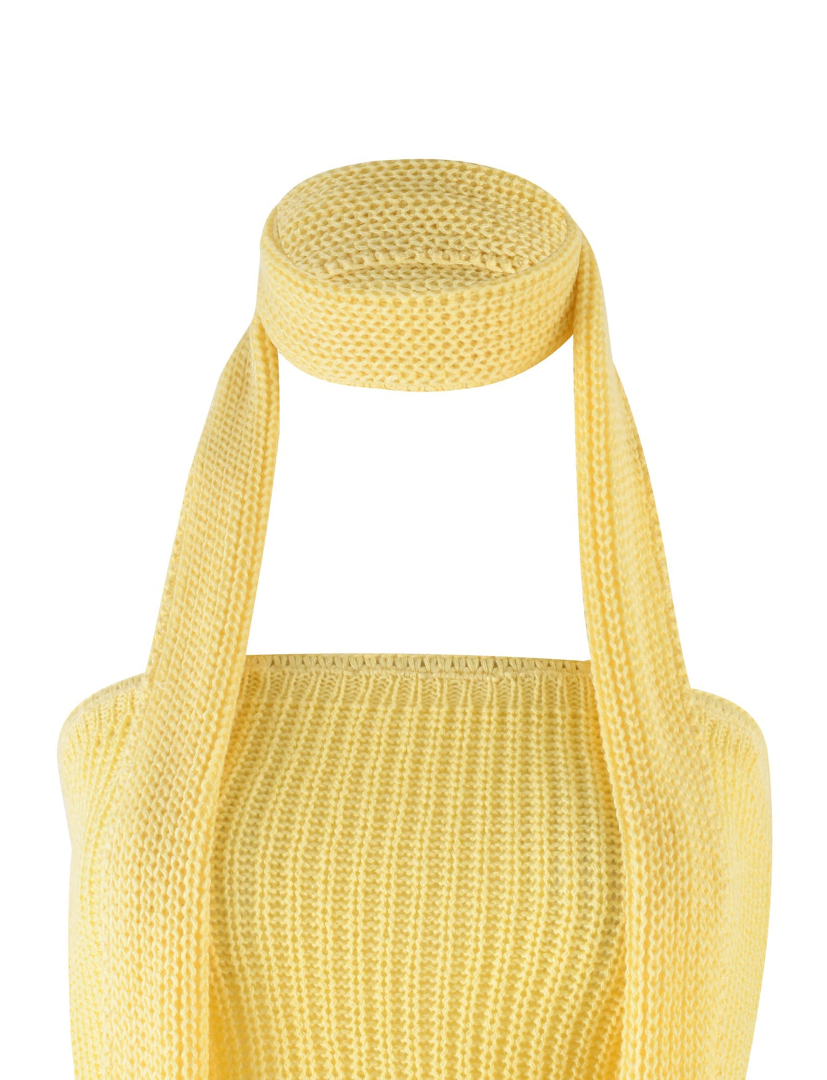 A MORAI TOP - YELLOW : LEMON from TIGERMIST, paired with a thick, matching yellow knitted scarf tied around the neck, displayed on a plain white background. The intricate knit pattern is visible on both the top and the scarf.