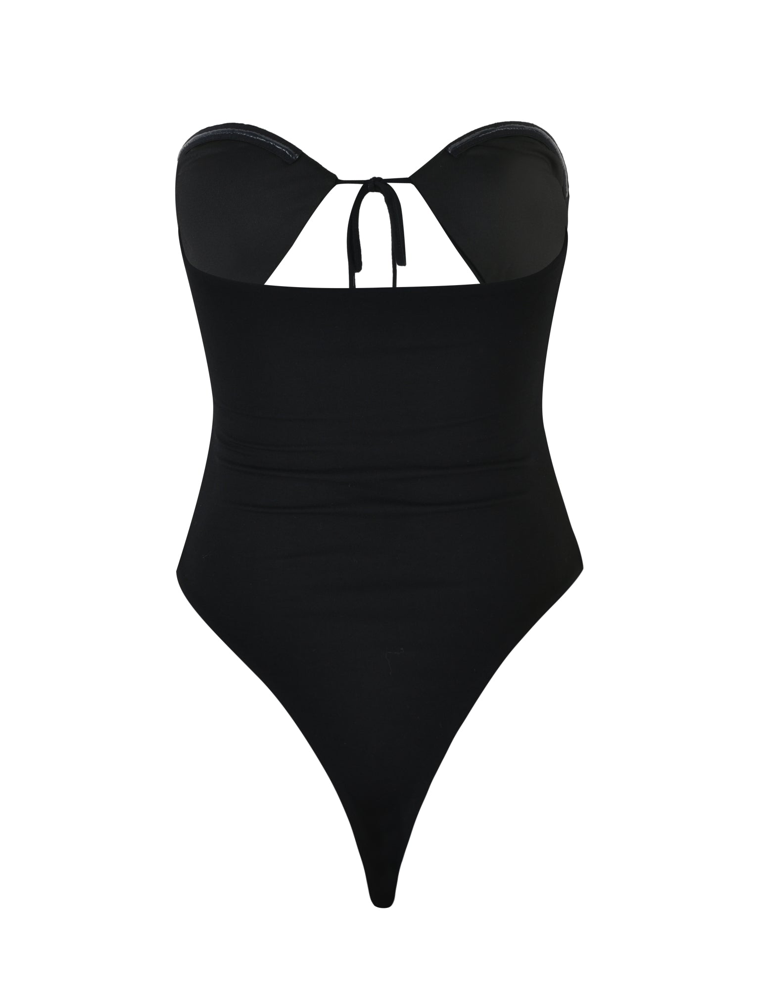 The KINERA BODYSUIT - BLACK by TIGERMIST is showcased against a white background. This strapless, one-piece swimsuit features a high-cut leg design and a single tie at the back of the neck for added support. The fabric boasts a smooth, sleek finish.