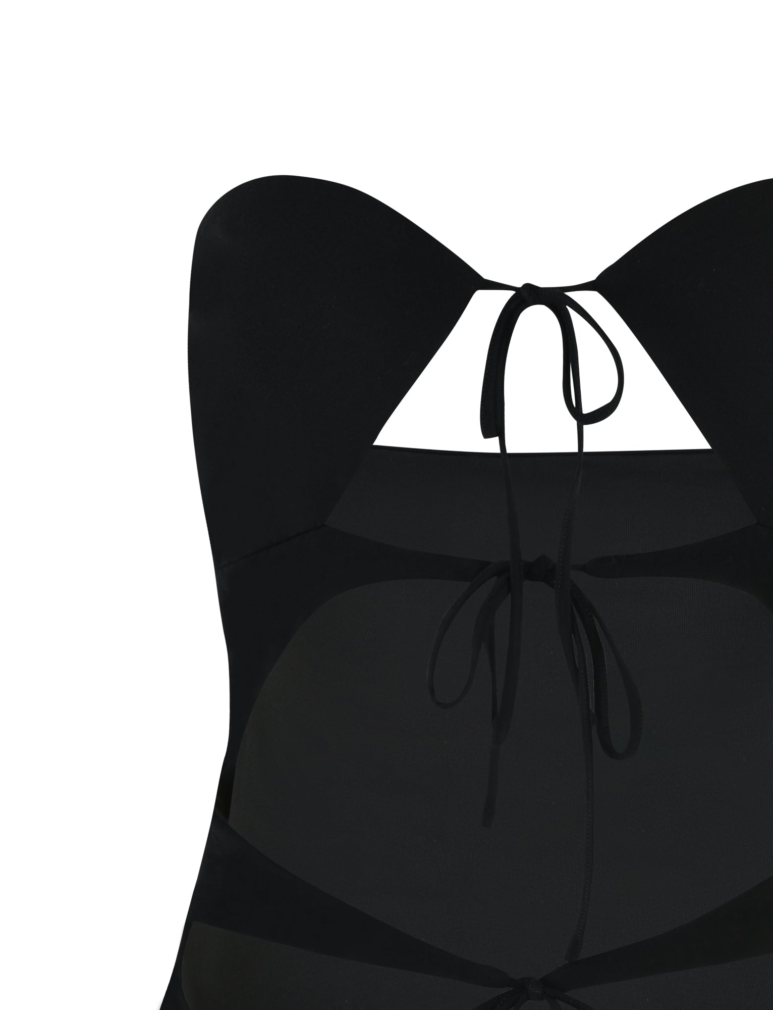 The KINERA BODYSUIT by TIGERMIST is a black halter neck swimsuit featuring cutout details and tie fastenings. The top boasts a sweetheart neckline, with thin straps that tie at the back of the neck and mid-back. A sheer panel along the torso adds an elegant touch to this stylish piece.