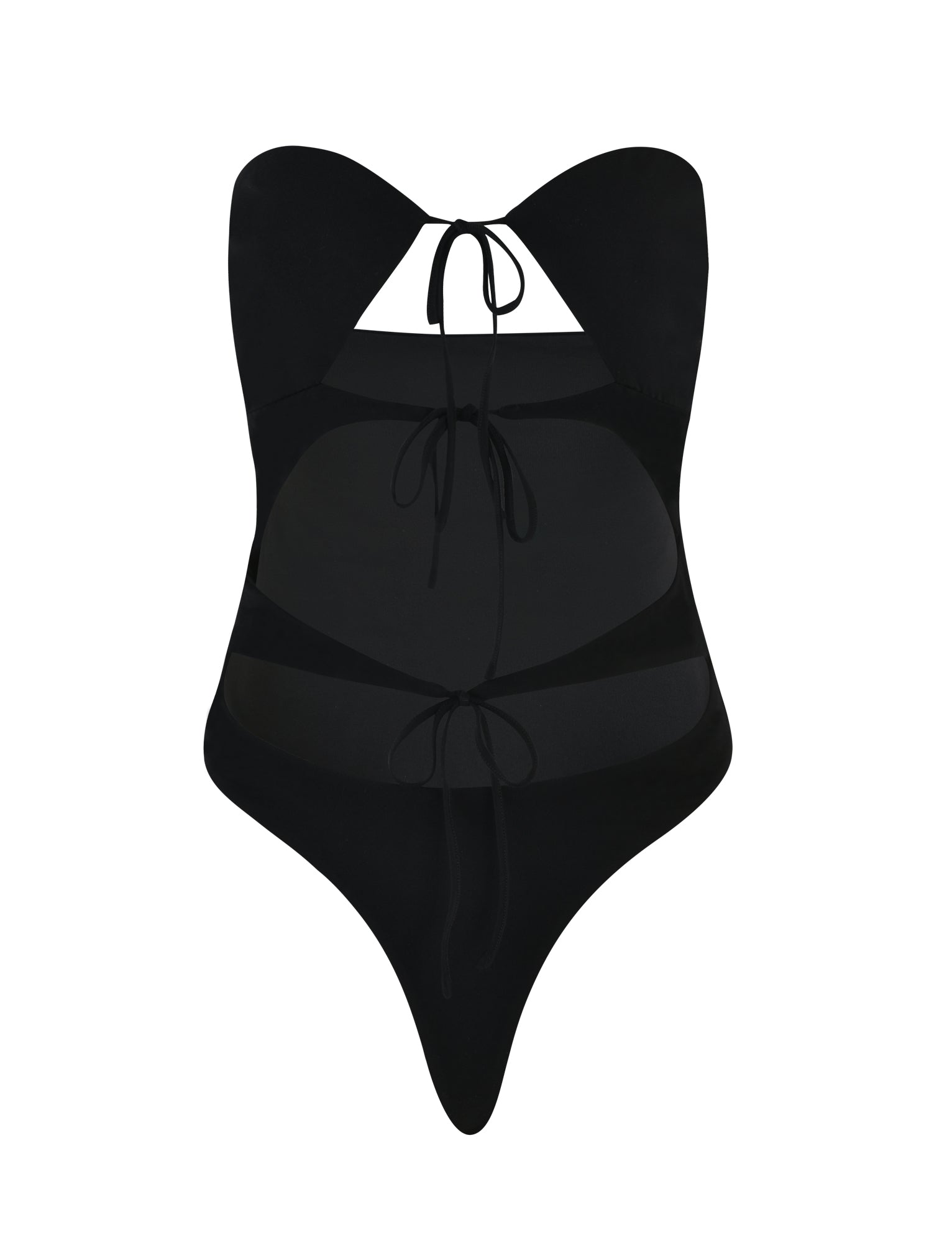 Here is your revised sentence incorporating the provided product data:
The KINERA BODYSUIT in black from TIGERMIST features a halter neck tie and cutout details at the front, along with two additional ties below the bust and at the waist, creating a sleek and modern design.