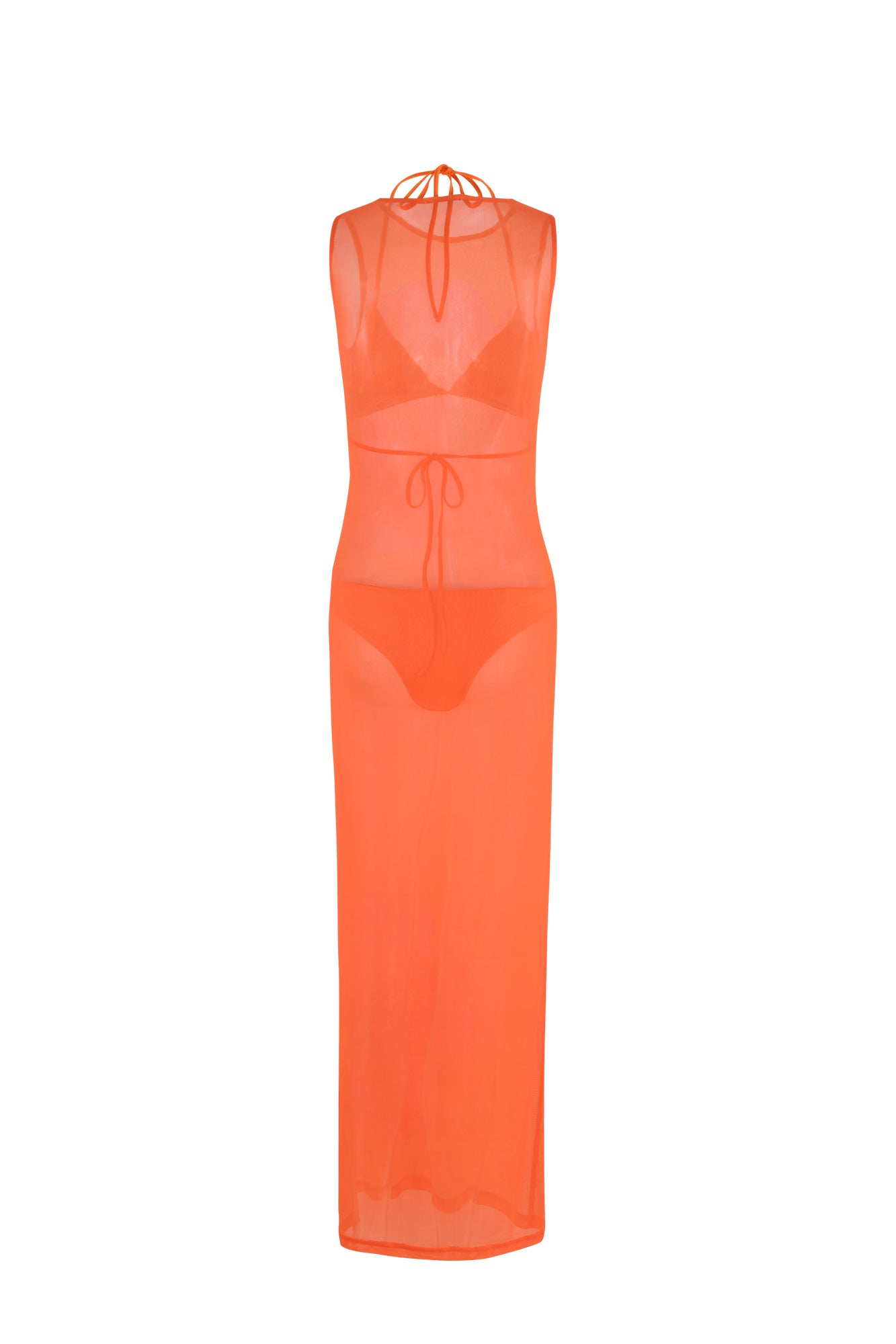 Introducing the JOZIE THREE PIECE DRESS - ORANGE : MACRO FLORAL : ORANGE HIBISCUS by TIGERMIST, a vibrant sheer maxi dress in orange. This exquisite garment boasts a halter neck strap design, with its see-through fabric elegantly showcasing a matching bikini-style top and bottom underneath, extending to ankle length for a stunningly fitted look.