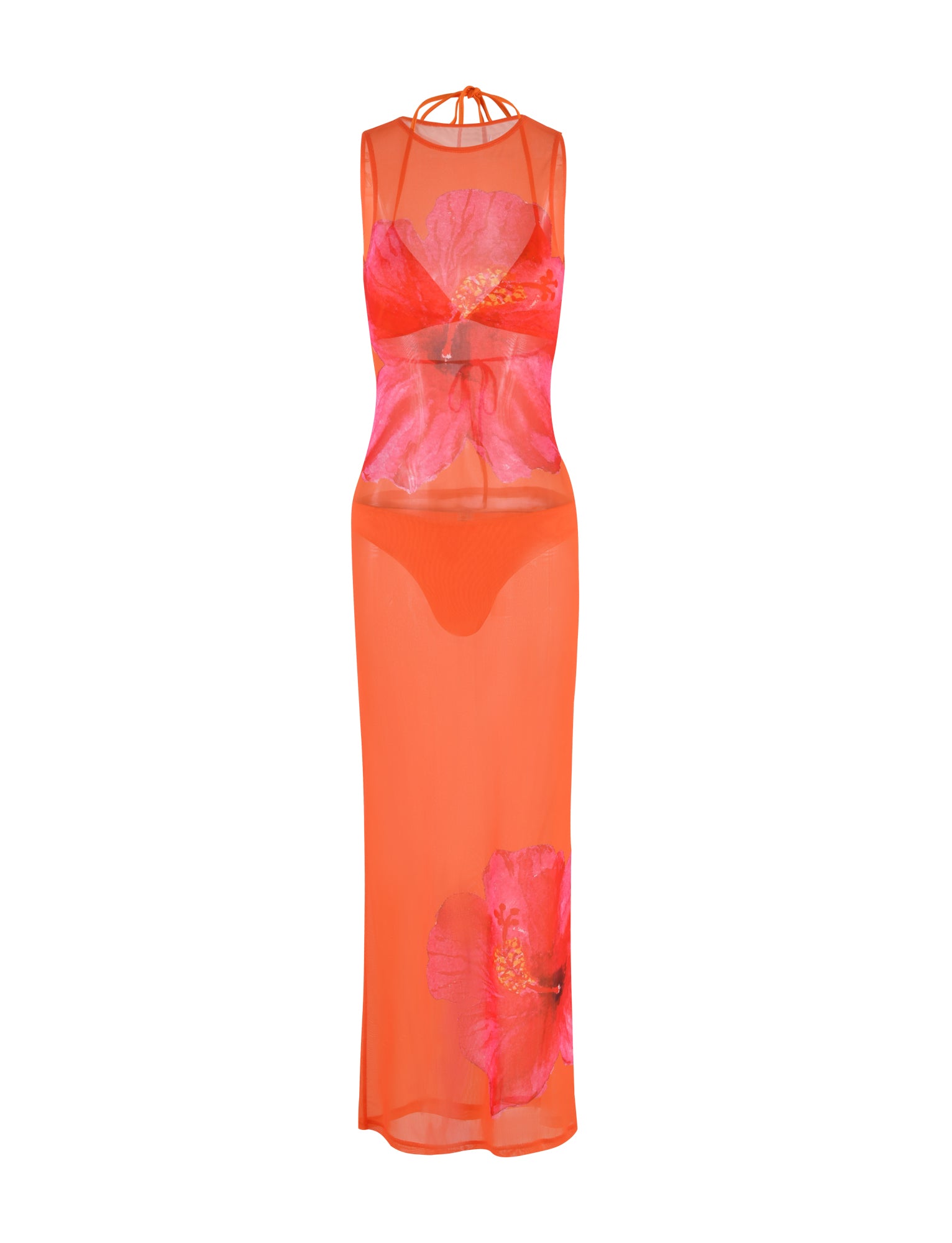 An orange dress from TIGERMIST, called the JOZIE THREE PIECE DRESS - ORANGE : MACRO FLORAL : ORANGE HIBISCUS, features a sheer, sleeveless design with large red floral prints. It includes a halter neck design with a thin strap detail at the collar, an attached undergarment, and extends to mid-calf length.