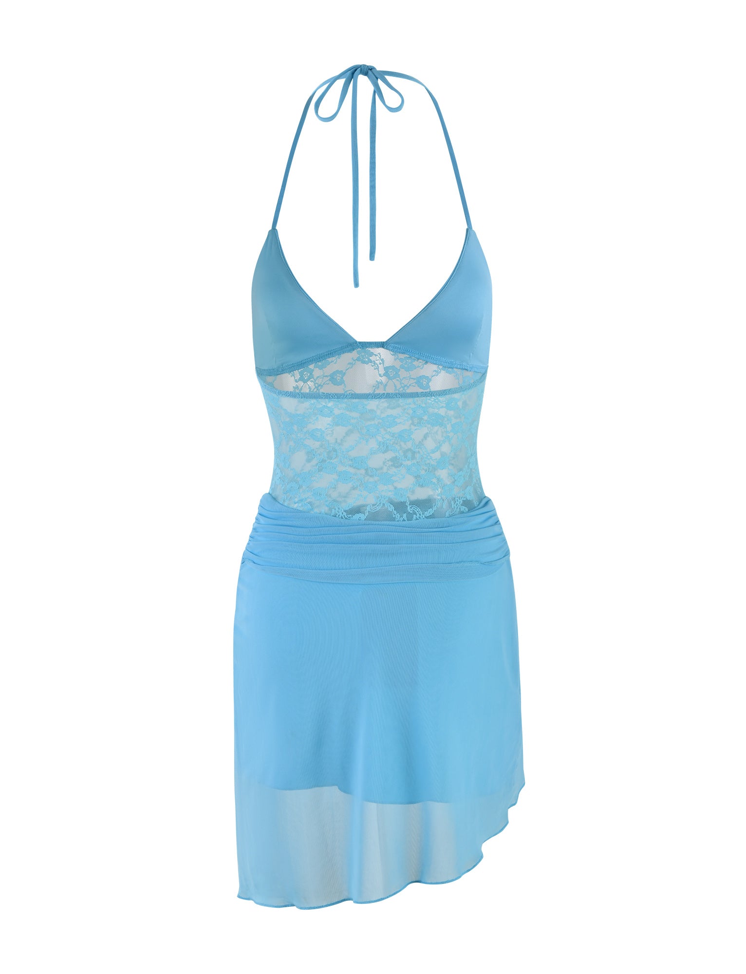 Introducing the KAELIN DRESS - BLUE from TIGERMIST: This stunning light blue ensemble features a delicate sheer lace bodice and a matching asymmetrical skirt. The halter-neck top showcases a plunging neckline with intricate lace details, while the semi-transparent skirt boasts a stylish ruched waistline for an elegant finish.
