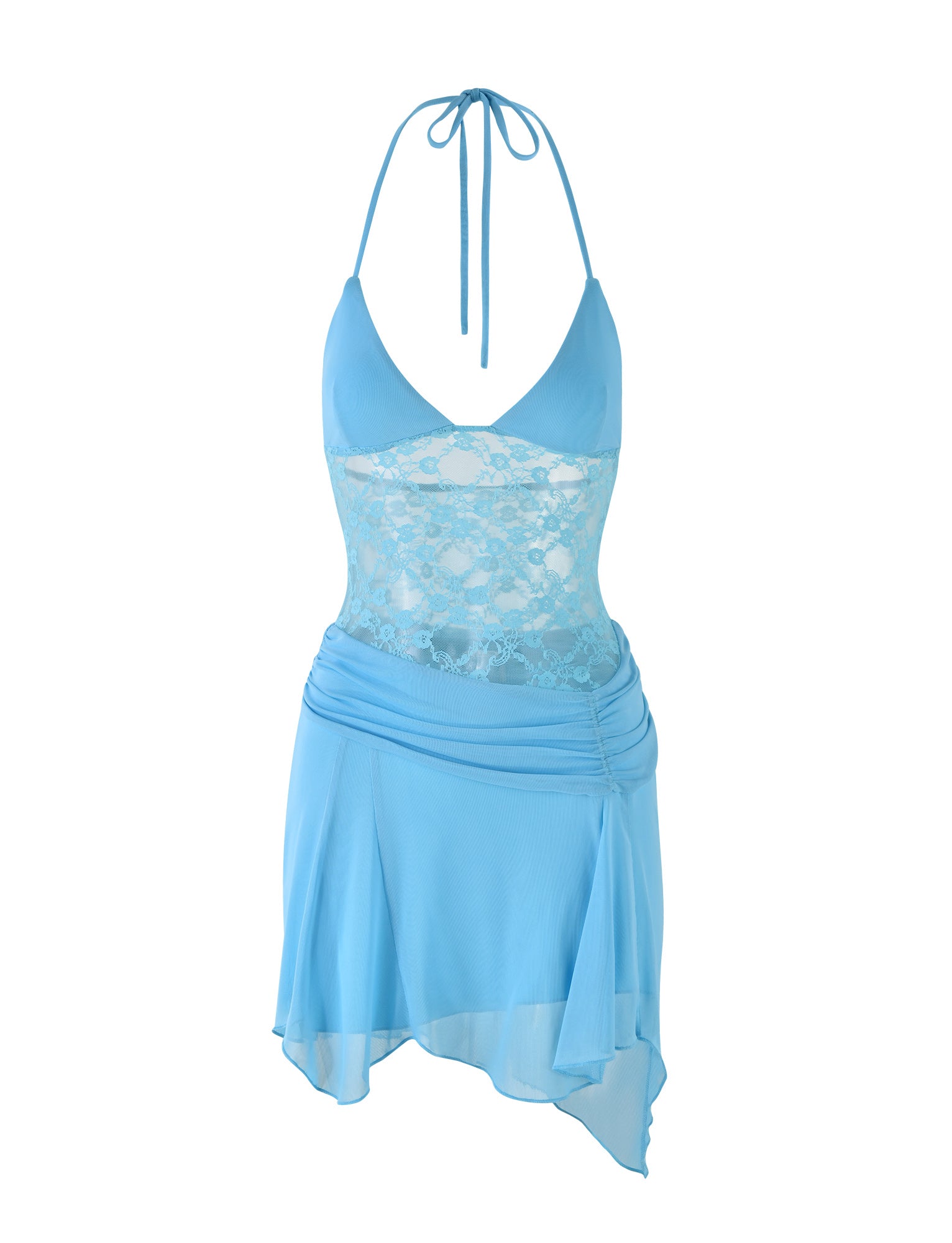 The KAELIN DRESS in ice blue from TIGERMIST features a halter neck tie, a lace midsection, and an asymmetrical hem. The bodice is adorned with a sheer lace panel, while the skirt drapes beautifully with a flowy, layered design.