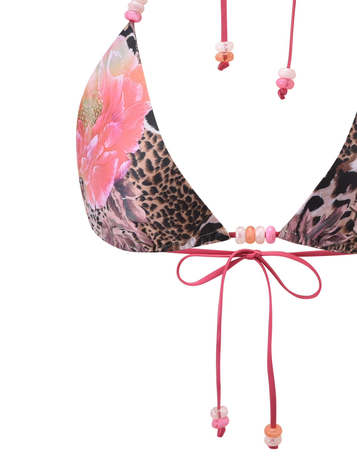 A close-up of the TIGERMIST FINLEA BIKINI TOP - ANIMALIER FLORAL shows a halter neck with vibrant floral animal print, pink strings, and colorful beads on the straps against a white background.