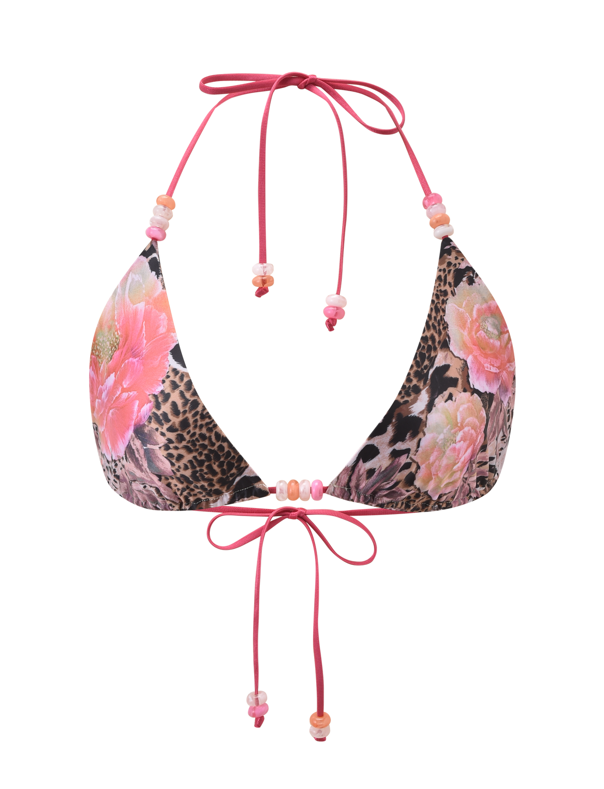 The FINLEA BIKINI TOP - ANIMALIER FLORAL by TIGERMIST features a pink and brown leopard floral print, halter neck, pink string ties, and colorful plastic bead accents.