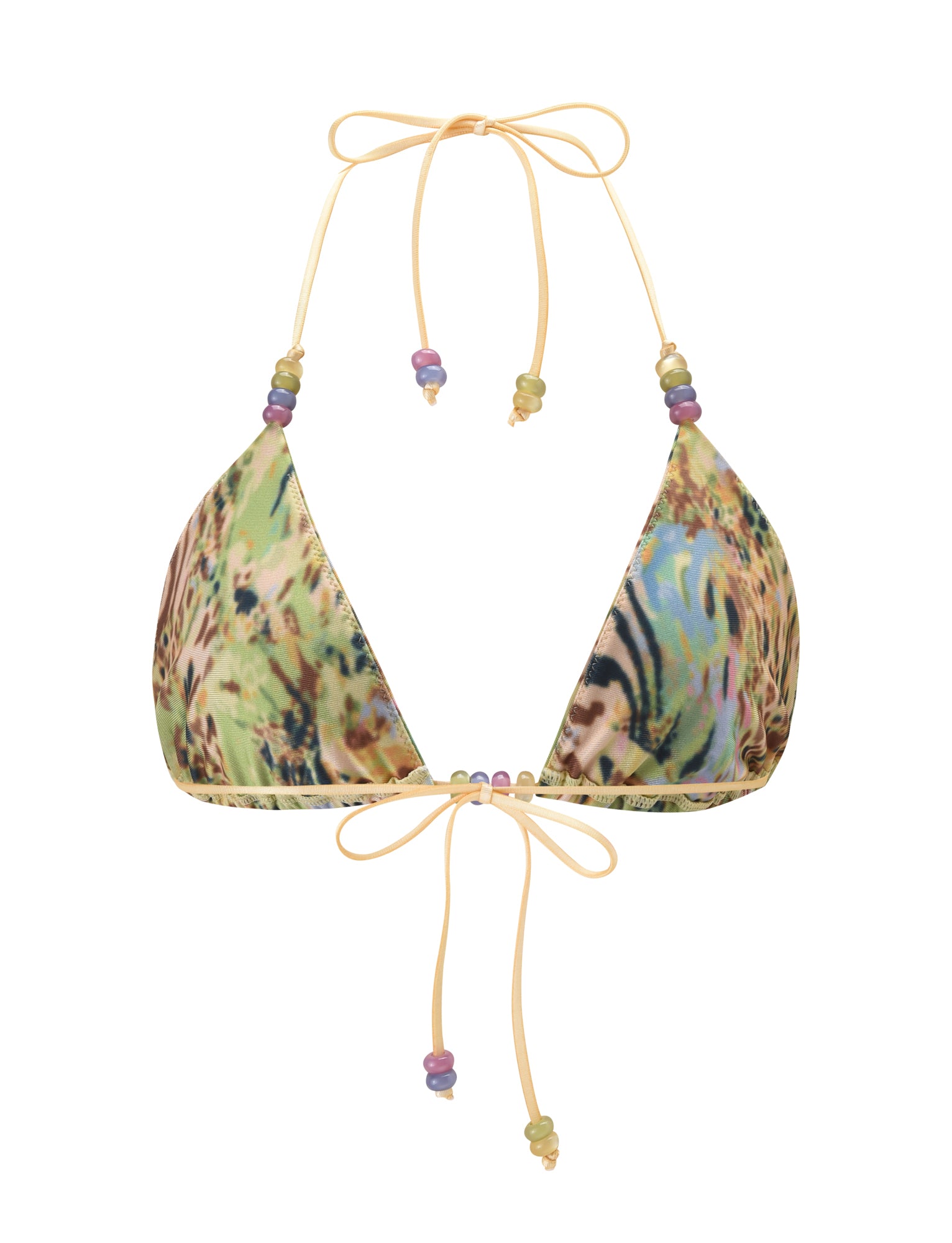 The FINLEA BIKINI TOP - ANIMAL SWIRL by TIGERMIST is a yellow animal swirl triangle bikini featuring thin adjustable halter neck straps and accented with purple, green, and yellow beads.