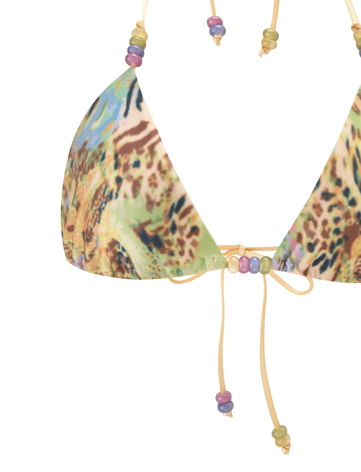 The FINLEA BIKINI TOP - ANIMAL SWIRL by TIGERMIST is a yellow triangle bikini top with an adjustable halter neck, vibrant multicolored animal swirl pattern, yellow string ties, and pastel bead accents.