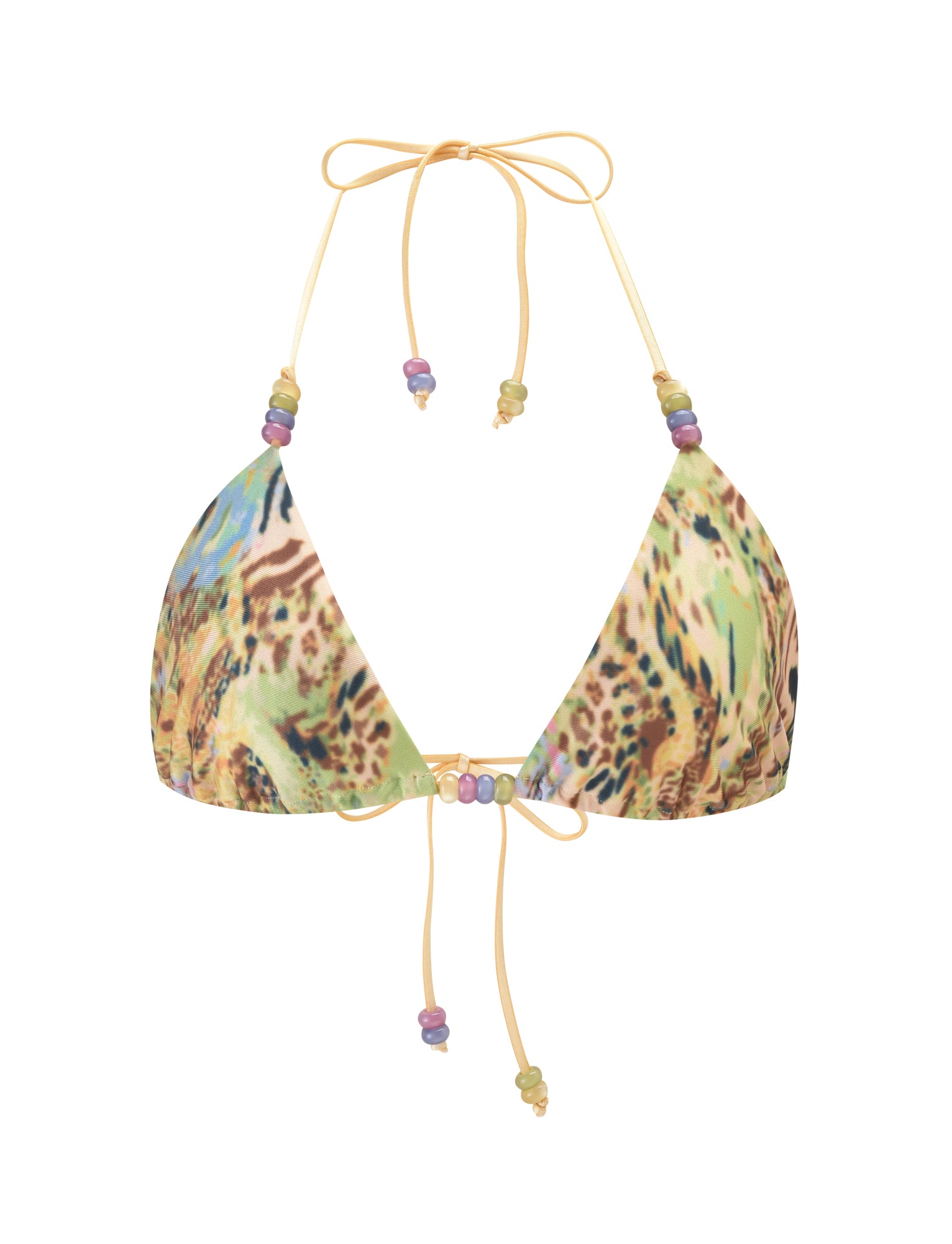 The FINLEA BIKINI TOP - ANIMAL SWIRL by TIGERMIST is a vibrant yellow triangle bikini top with adjustable halter neck and back ties, featuring pastel beads on the straps and front.