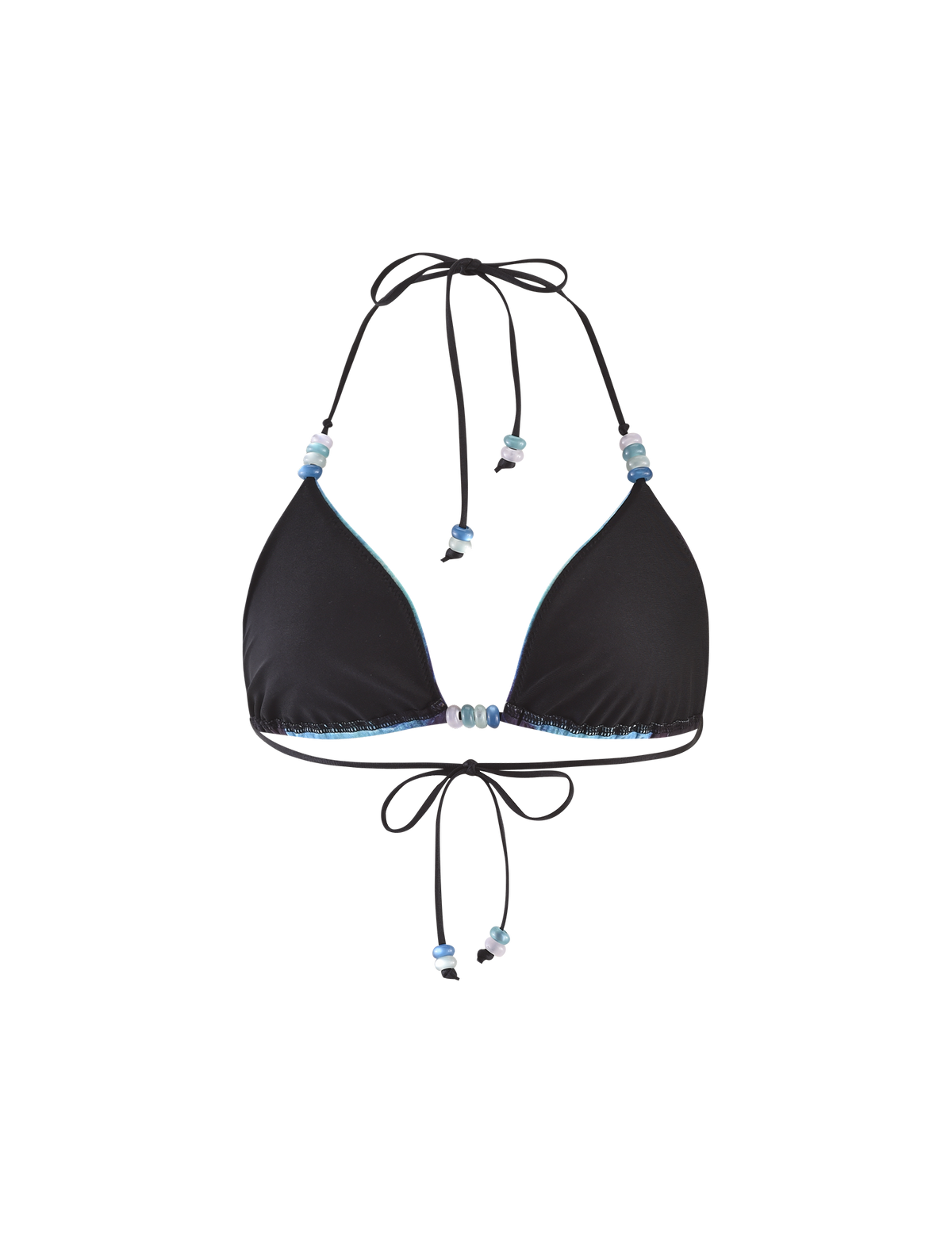 The FINLEA BIKINI TOP - BLACK : BUTTERFLY by TIGERMIST is a black triangle bikini top with thin halter neck and back ties, adjustable style, and light blue and white beads on the straps.
