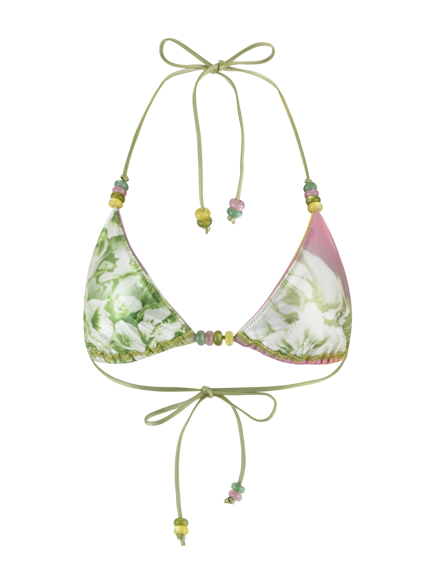 The FINLEA BIKINI TOP - GREEN : FLORAL : STRIPE by TIGERMIST showcases a green and pink floral pattern on a triangle design. The halter is tied with delicate green straps adorned with multicolored beads, and the adjustable band around the chest fastens with matching strings and beads. This tropical print bikini bottom is completed with thin straps embellished with beads.