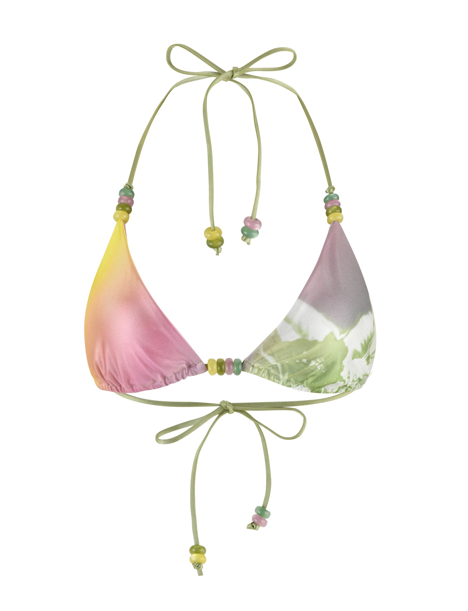 The FINLEA BIKINI TOP by TIGERMIST is an adjustable, colorful option adorned with a gradient design in shades of pink, yellow, and green. It features thin straps that tie around the neck and back, complete with multicolored beads for decorative accents. The fabric boasts subtle tropical patterns for an extra touch of flair.