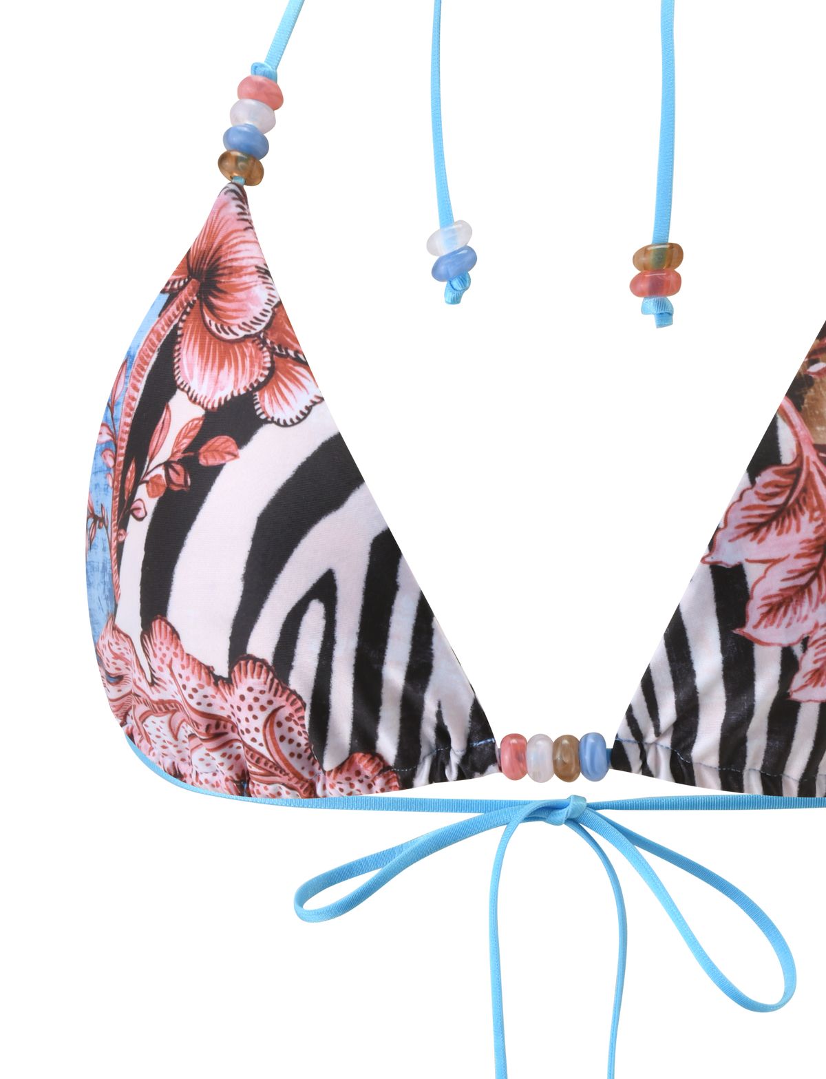 Close-up of the TIGERMIST FINLEA BIKINI TOP - GLOBAL ANIMAL HAZE, featuring blue string ties, zebra stripes, red and pink floral patterns, and adjustable triangle cups with pastel multicolour beaded straps.