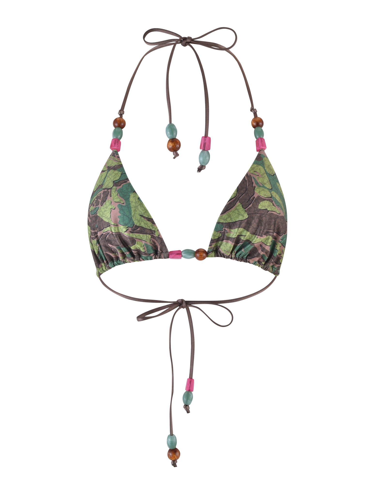 The FINLEA BIKINI TOP - GREEN : CAMO by TIGERMIST features triangle cups, thin brown straps, and adjustable halter neck ties adorned with pink, turquoise, and wood-tone beads around the neck, back, and center.