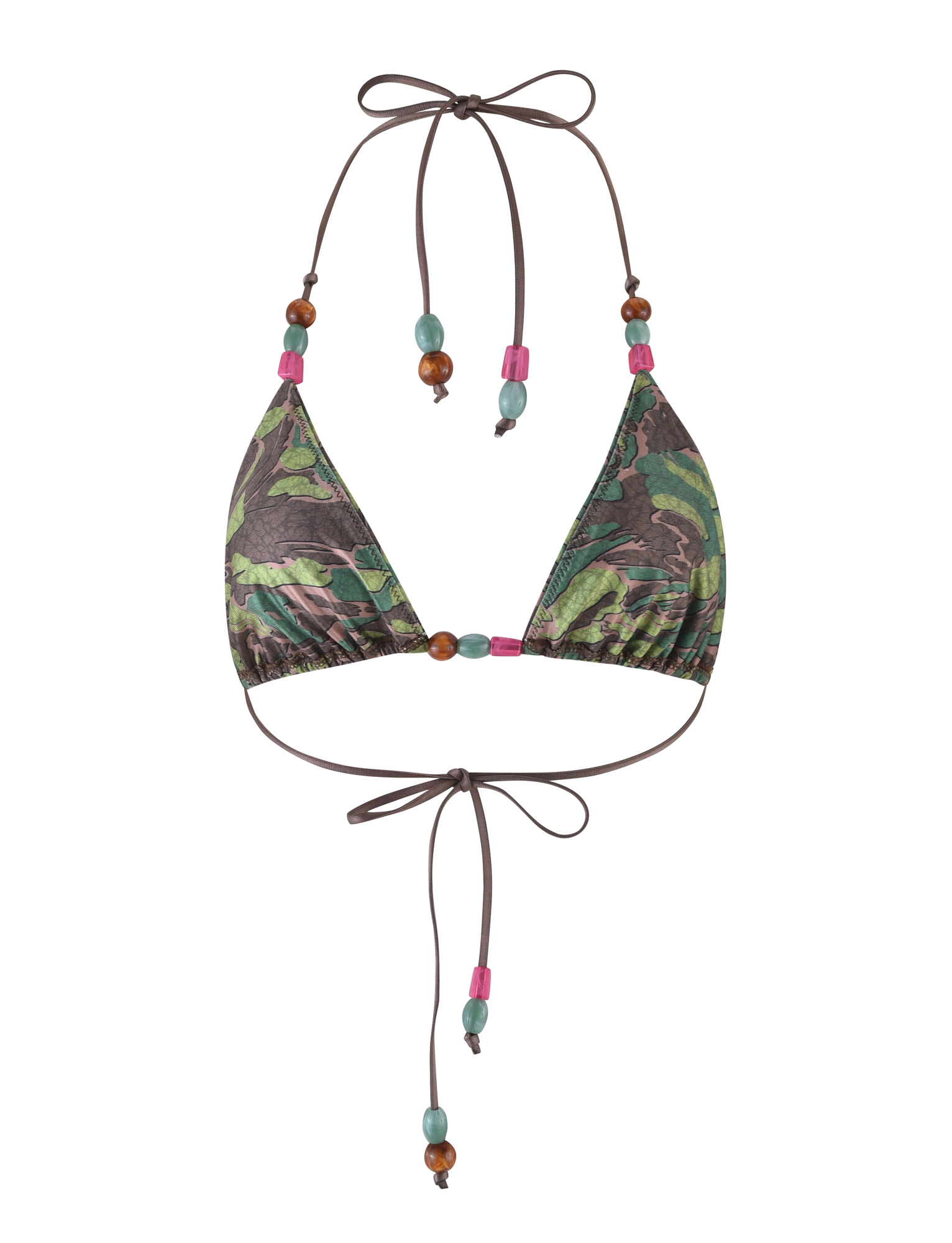 The FINLEA BIKINI TOP - GREEN : CAMO by TIGERMIST features a camo design, thin brown straps with pink, turquoise, and brown beads, and ties at the neck and back.