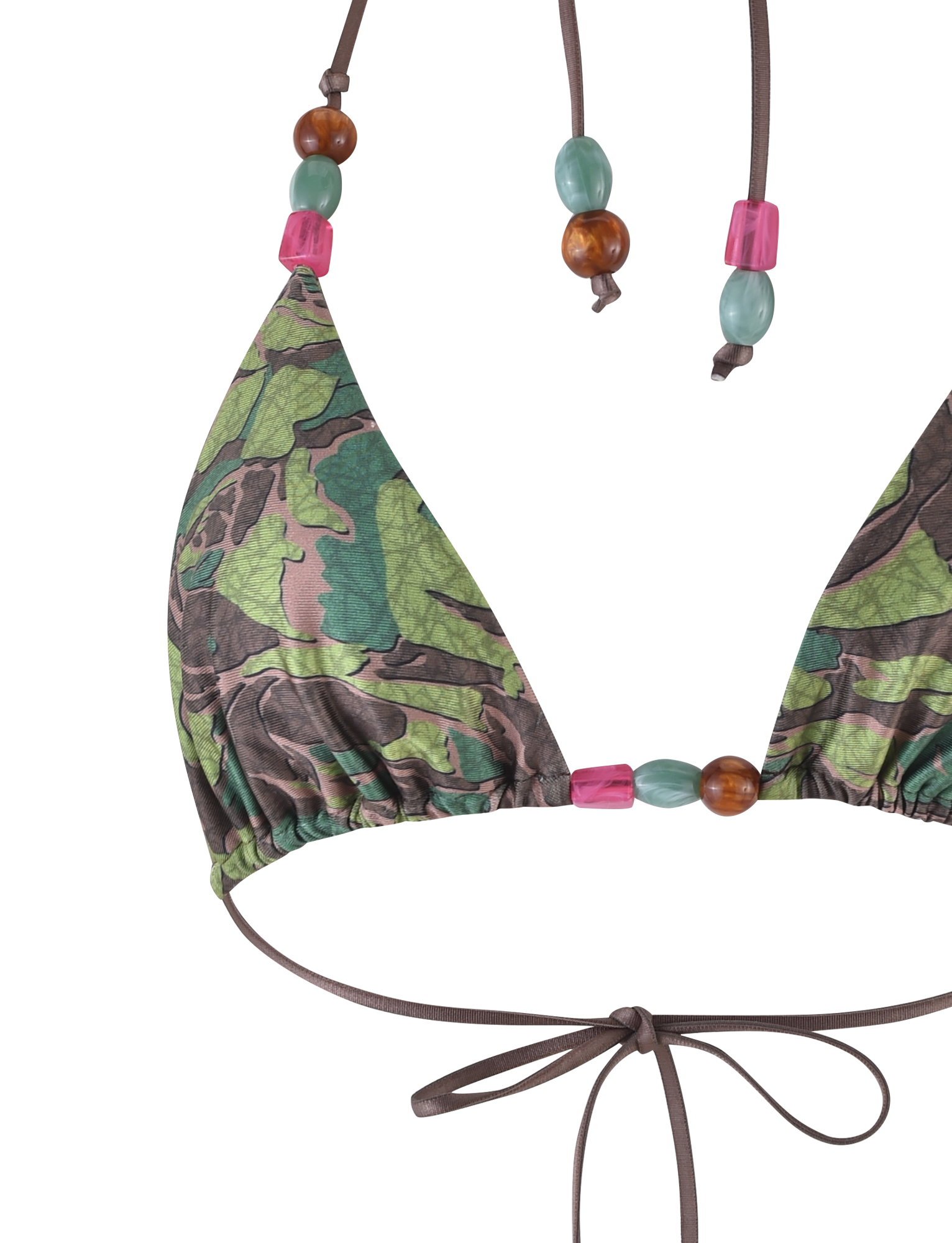 A close-up of the TIGERMIST FINLEA BIKINI TOP - GREEN : CAMO shows brown, pink, and teal beads on the straps, tied in a bow at the bottom, set against a white background.