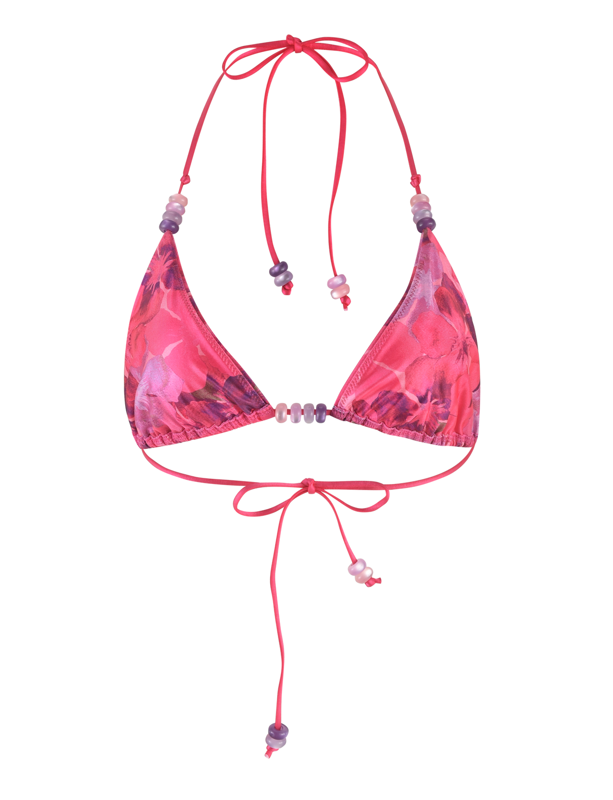The TIGERMIST FINLEA BIKINI TOP - PINK : HIBISCUS features a pink floral print with purple accents, halter neck, back tie strings, adjustable fit, and small beads on the straps.