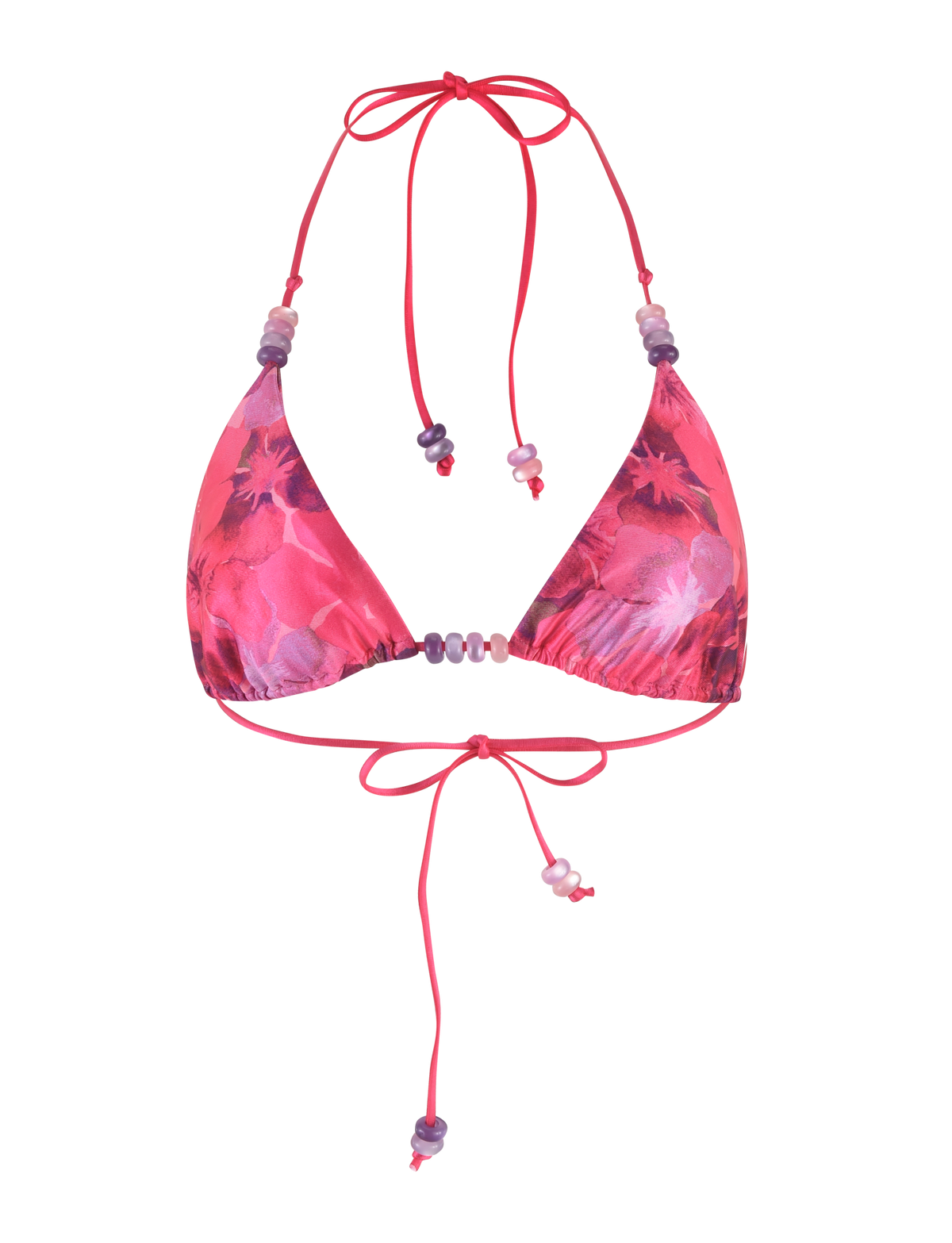 The TIGERMIST FINLEA BIKINI TOP - PINK : HIBISCUS features a pink hibiscus floral print, halter-neck design, adjustable neck and back ties, and small decorative beads for a playful, stylish look.