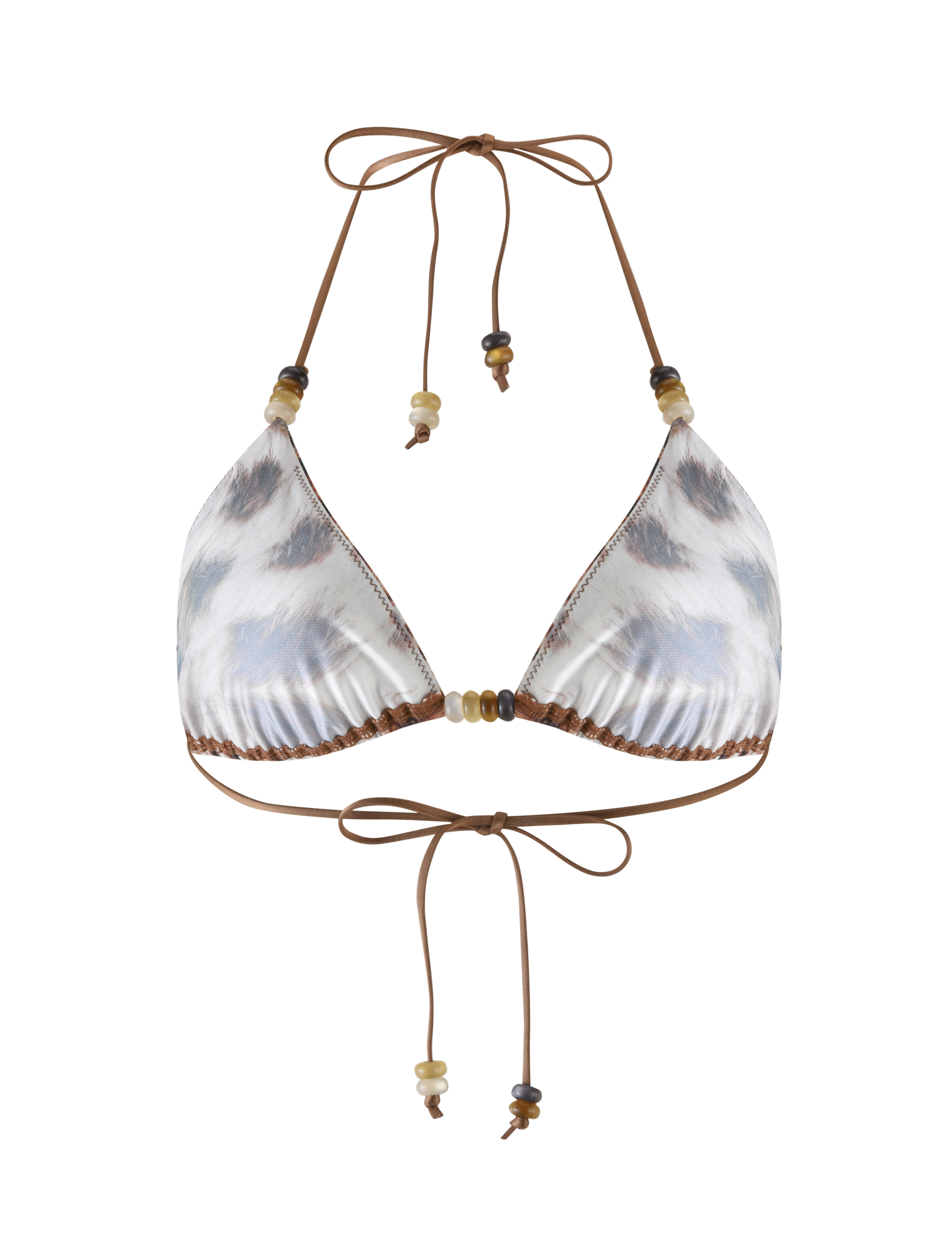 The FINLEA BIKINI TOP by TIGERMIST features a brown and white tie-dye halter design with leopard print accents, brown neck and back ties, and decorative beads for a stylish touch.