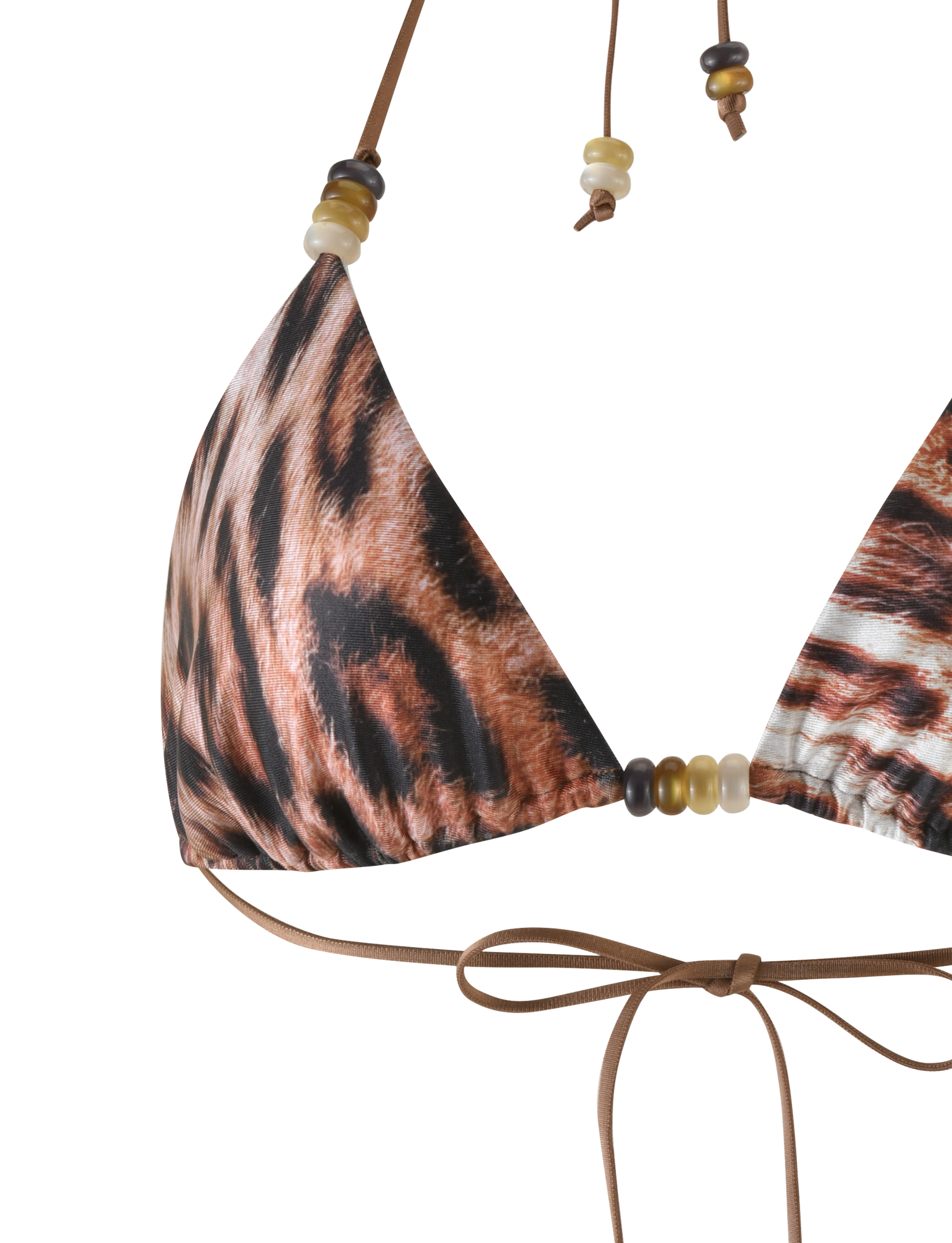 A close-up of the TIGERMIST FINLEA BIKINI TOP in Leopard Haze, featuring a halter neck, brown strings, leopard print and decorative beads.
