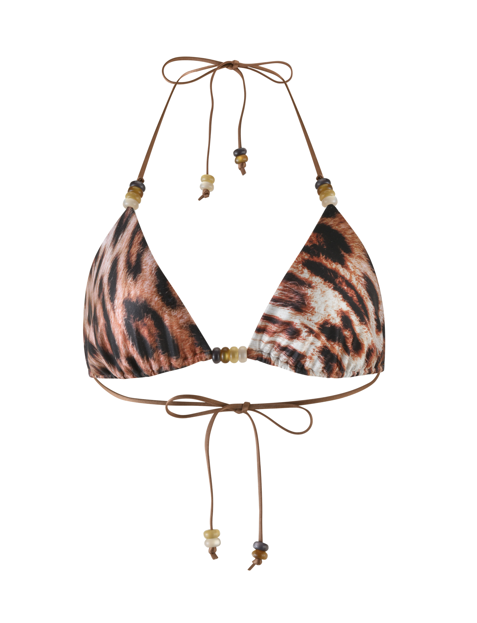 The FINLEA BIKINI TOP by TIGERMIST features a chic leopard haze print, halter neck design with adjustable string ties at the neck and back, and decorative beads on the strings.