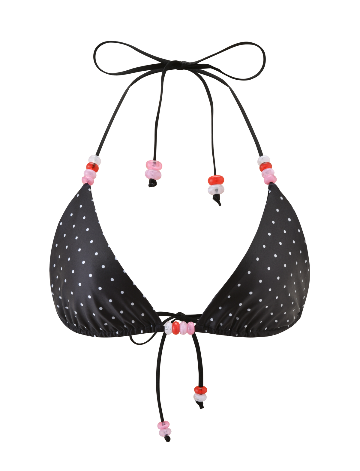 The FINLEA BIKINI TOP - POLKA DOT BLACK CREAM by TIGERMIST features a black polka dot triangle design with adjustable halter neck and back ties, accented with playful pink and red plastic beads.