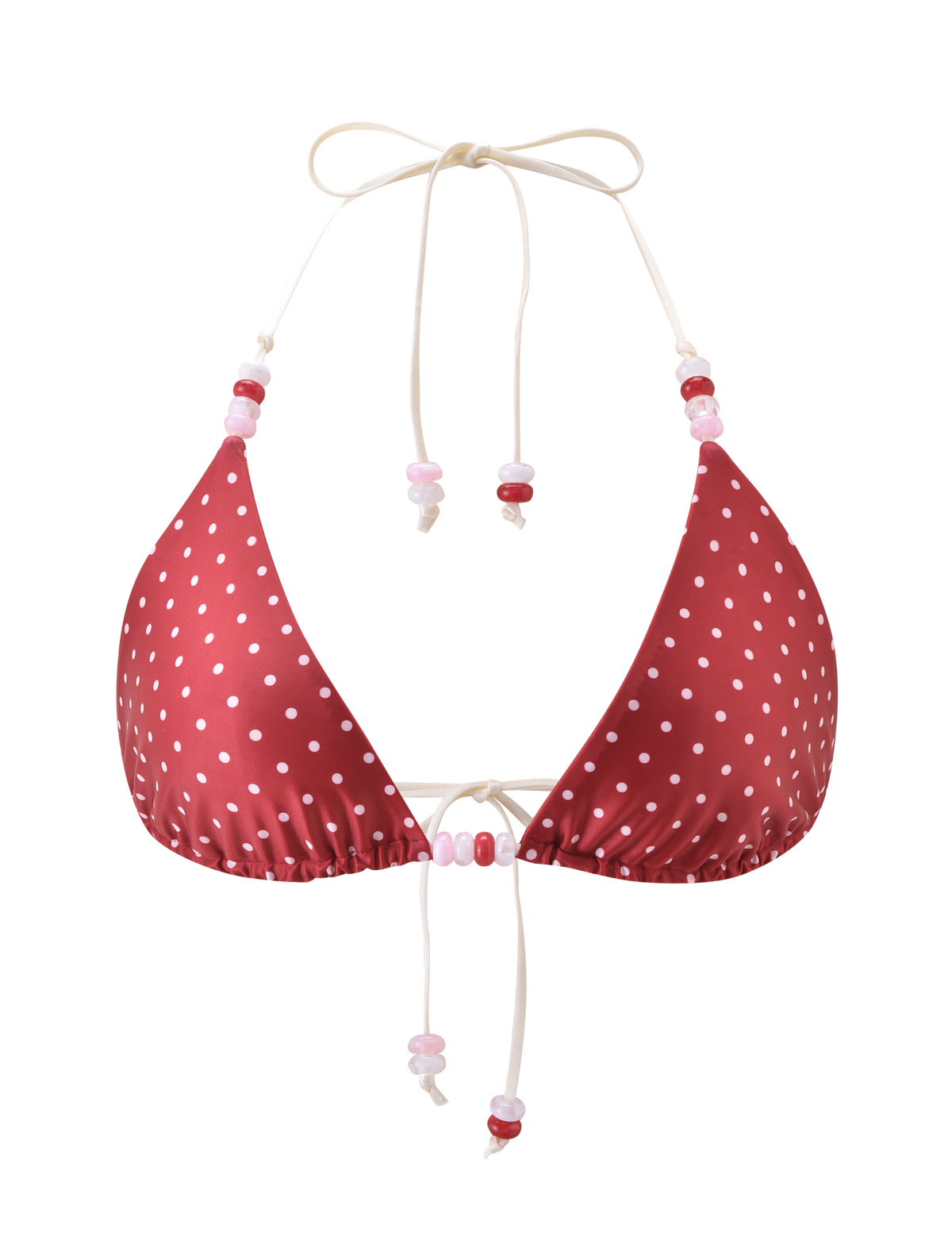 The TIGERMIST FINLEA BIKINI TOP in red and cream polka dot features a halter neck design with pink and white beads on the ties, shown on a plain white background.